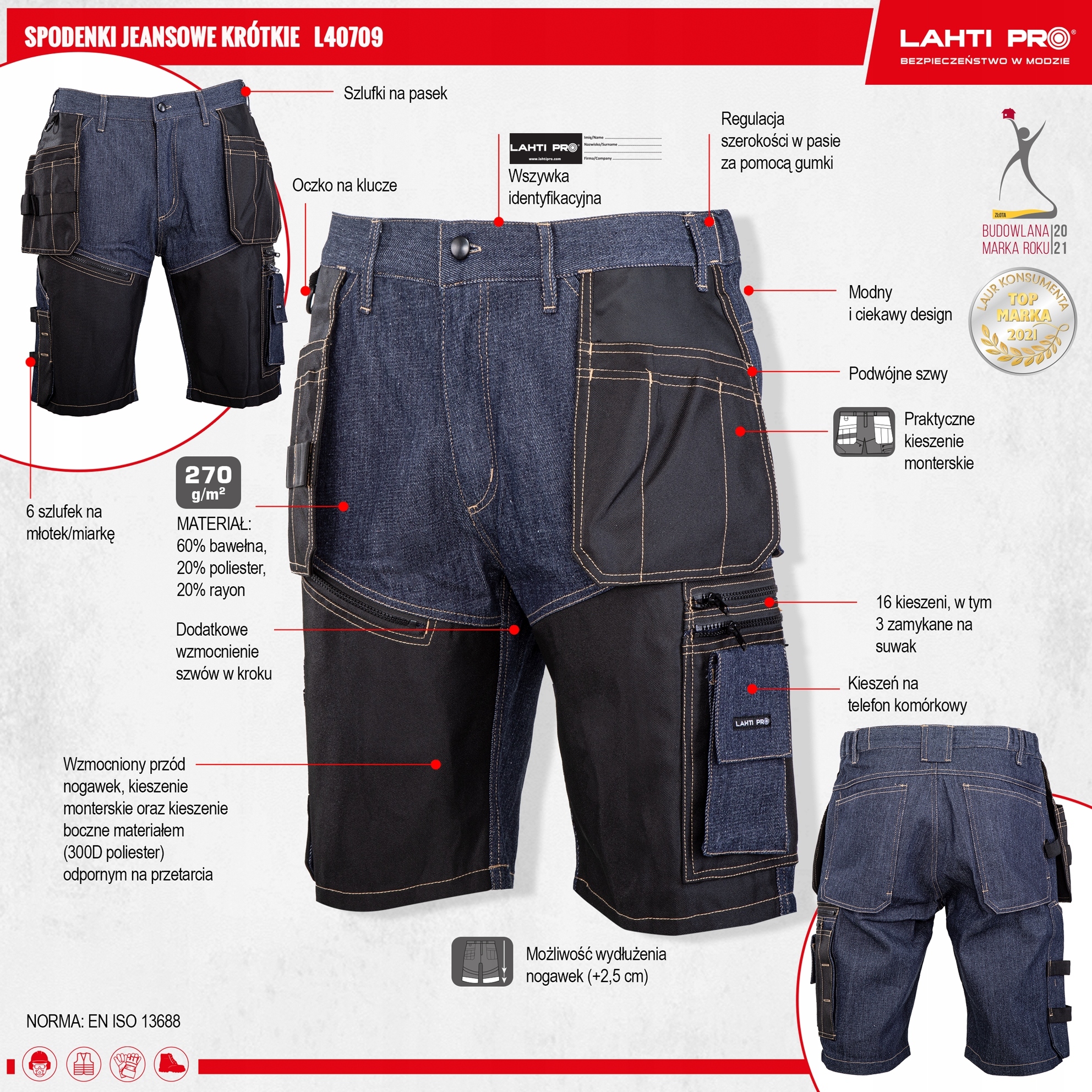LAHTI PRO SPODENKI JEANSOWE KRÓTKIE NIEBIESKIE WZMOCNIONE L40709 r. XXL