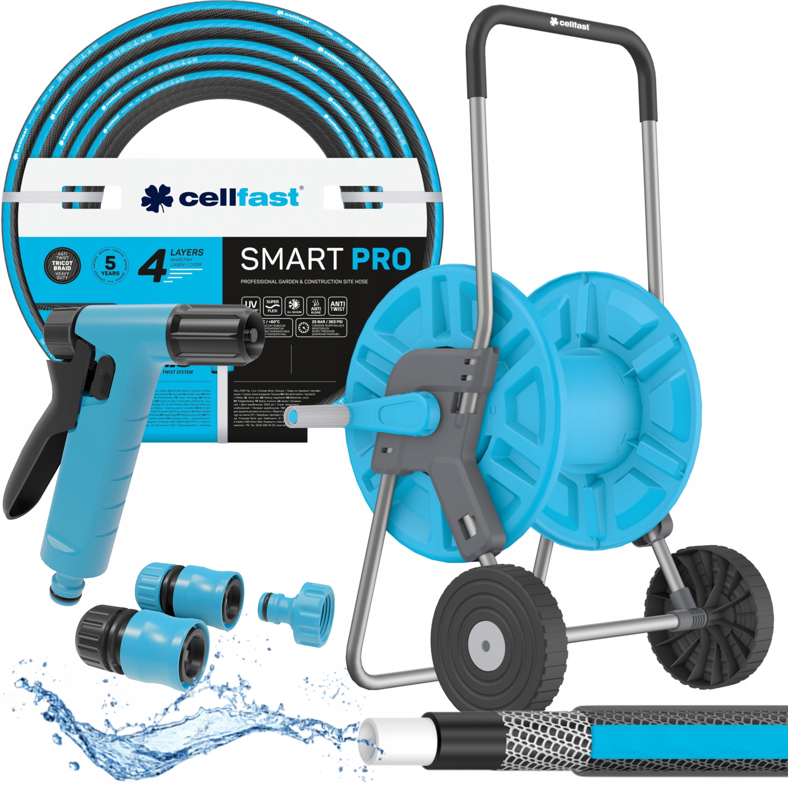 ZESTAW SMART PRO WÓZEK +WĄŻ OGRODOWY 4-WARSTW 3/4" 30M +ZRASZACZ 3xZŁĄCZKI
