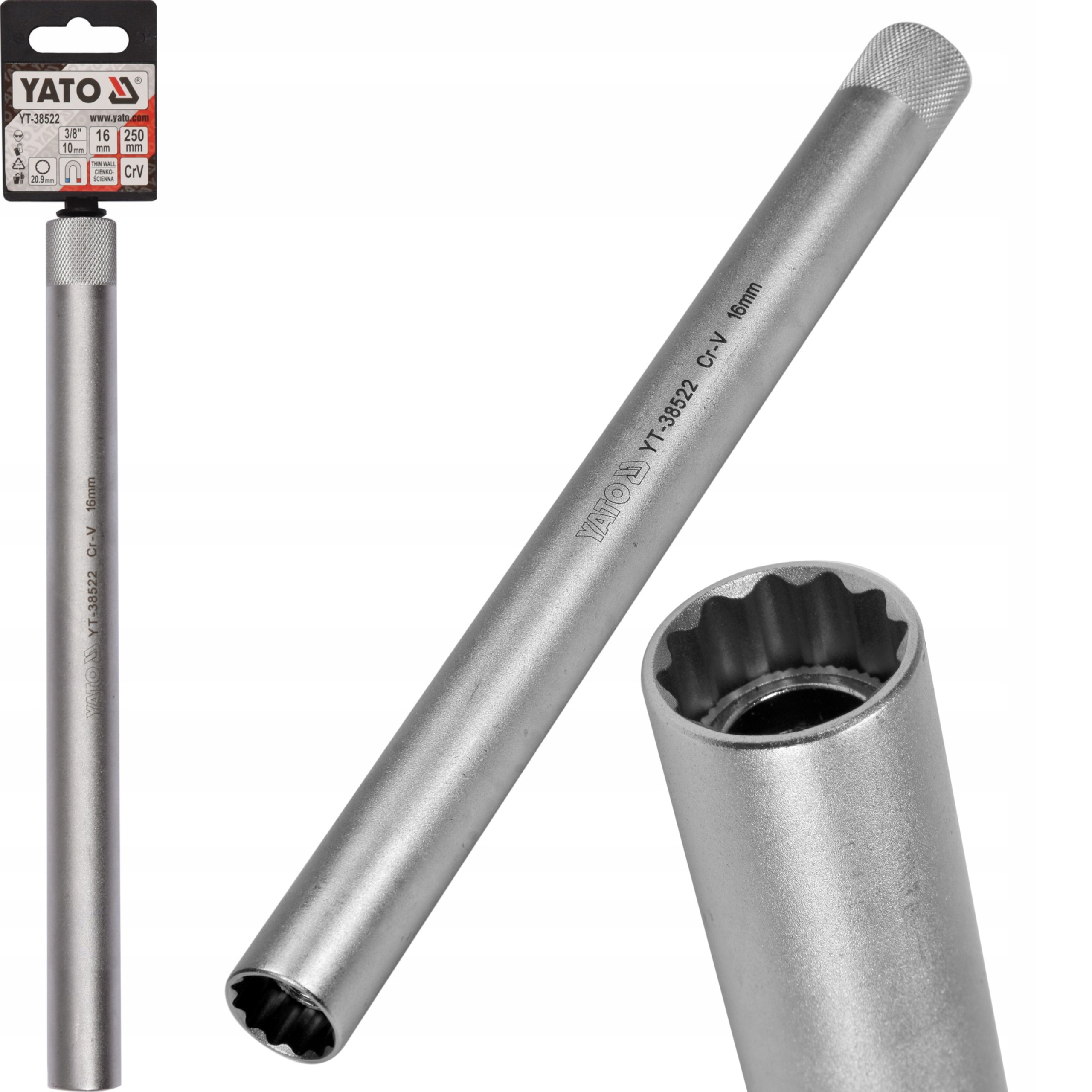 YATO KLUCZ NASADOWY NASADKA DO ŚWIEC 16MM DŁUGA 250mm NAPĘD 3/8'' YT-38522
