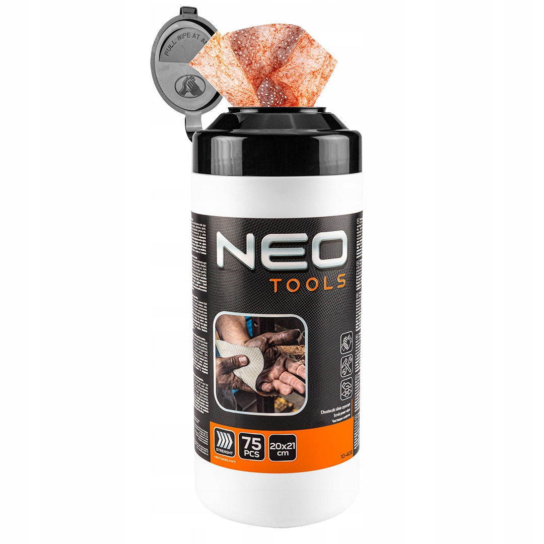 NEO CHUSTECZKI ZE ŚCIERNIWEM CZYSZCZENIE ZABRUDZEŃ RĄK NARZĘDZI 75SZT 20X21