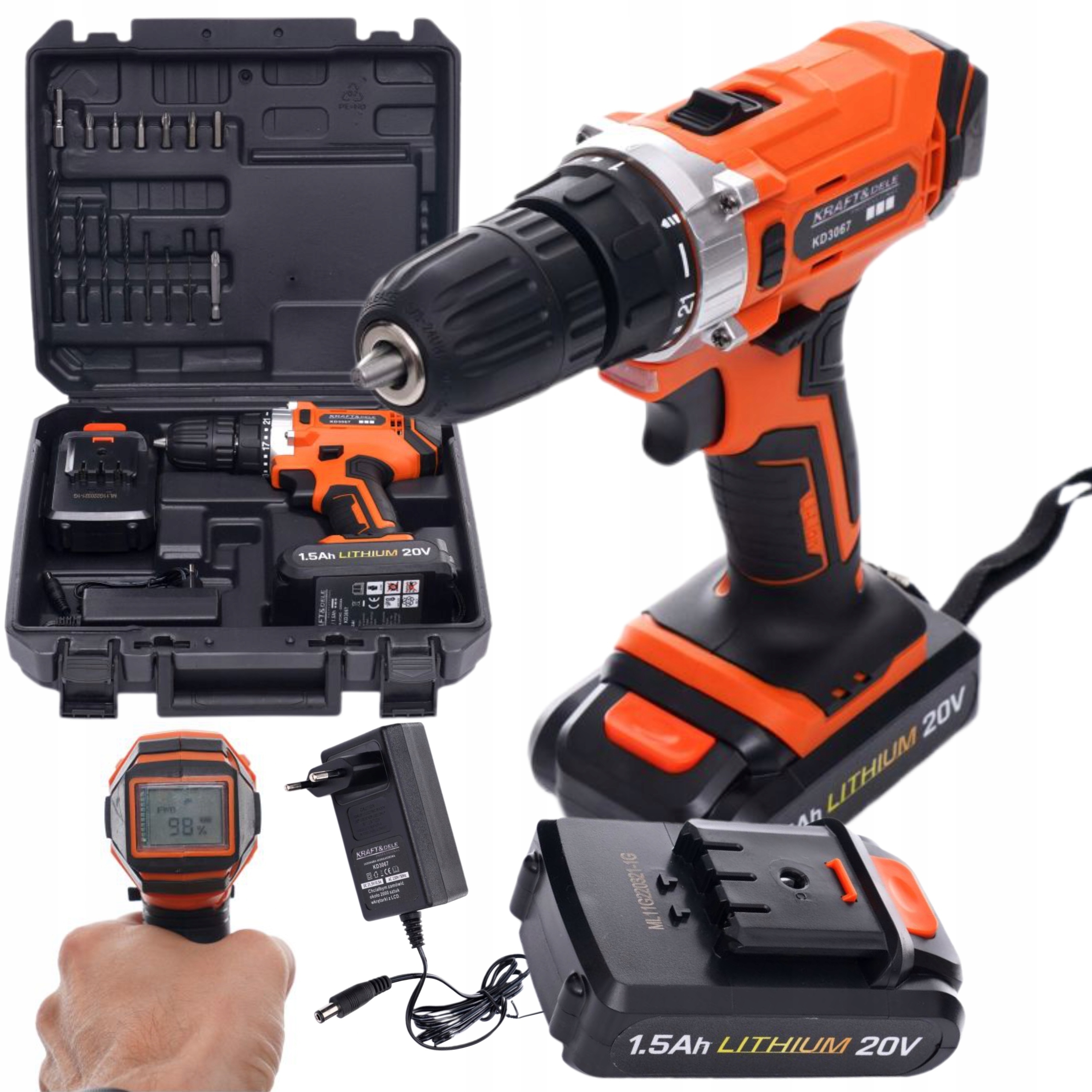K&D WKRĘTARKA WIERTARKA AKUMULATOROWA 20V LI-ION 2X AKU LCD WALIZKA KD3067