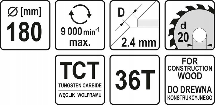 YATO TARCZA WIDIOWA Z WĘGLIKIEM WOLFRAMU DO DREWNA 180X36TX20MM YT-60482