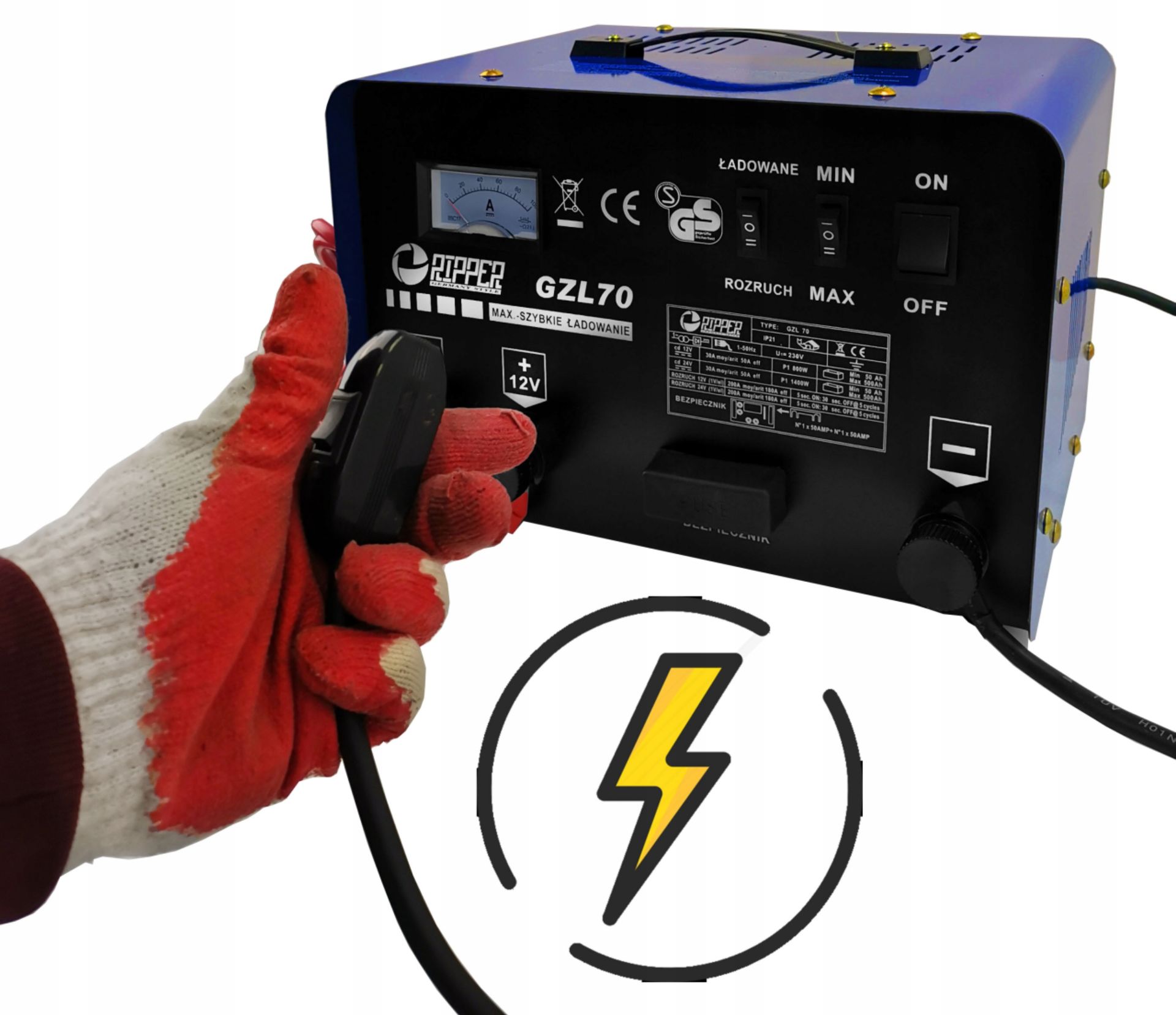PROSTOWNIK Z ROZRUCHEM ŁADOWARKA GZL-70 FAST CHARGE + ROZRUCH 12V/24V 500AH