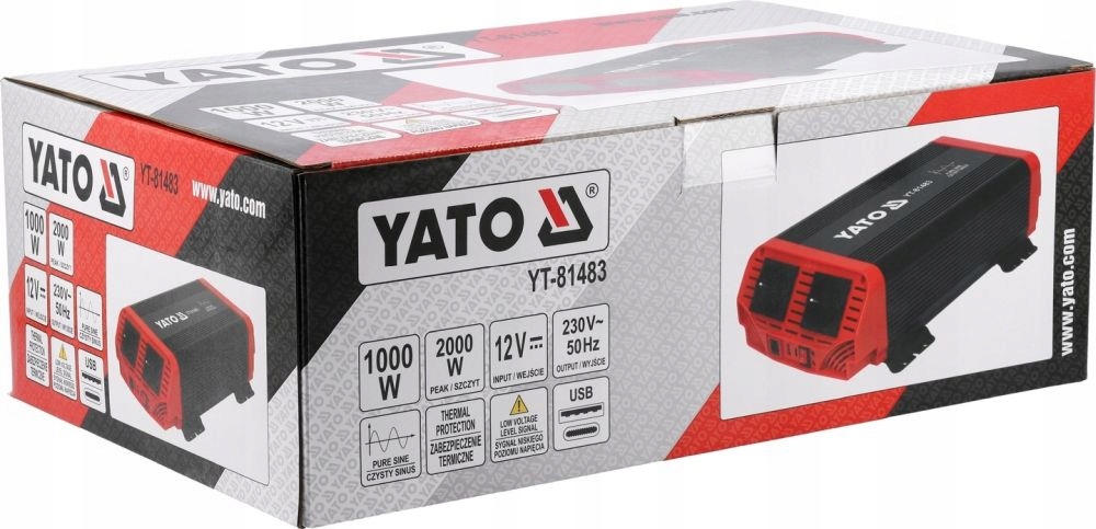 YATO PRZETWORNICA NAPIĘCIA PRĄDU STAŁEGO 12/230V 1000W USB-C CZYSTY SINUS