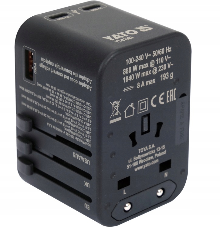 YATO ADAPTER ZASILACZ PODRÓŻNY DO PONAD 150 KRAJÓW USB-C PD 65W YT-81303