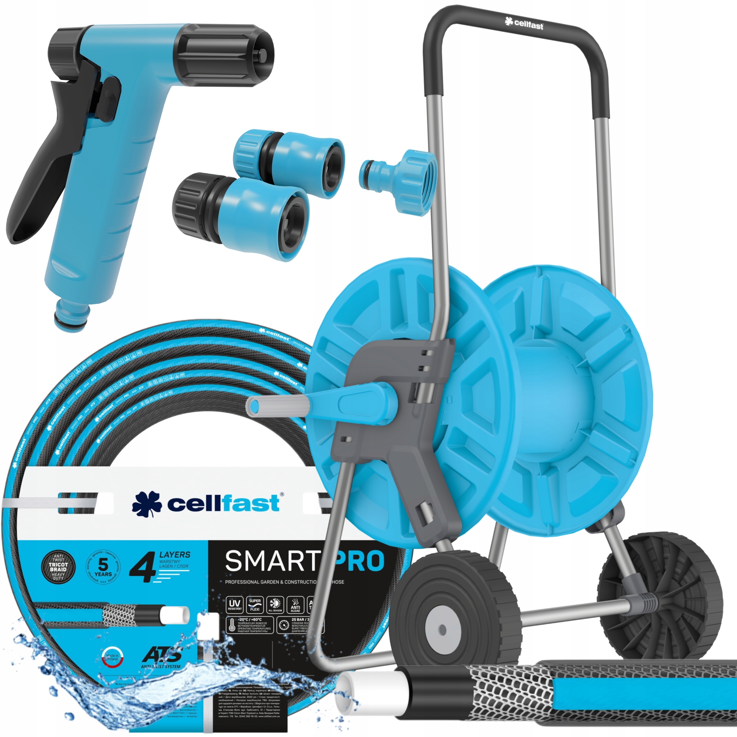 ZESTAW SMART PRO WÓZEK +WĄŻ OGRODOWY 4-WARSTW 3/4" 30M +ZRASZACZ 3xZŁĄCZKI
