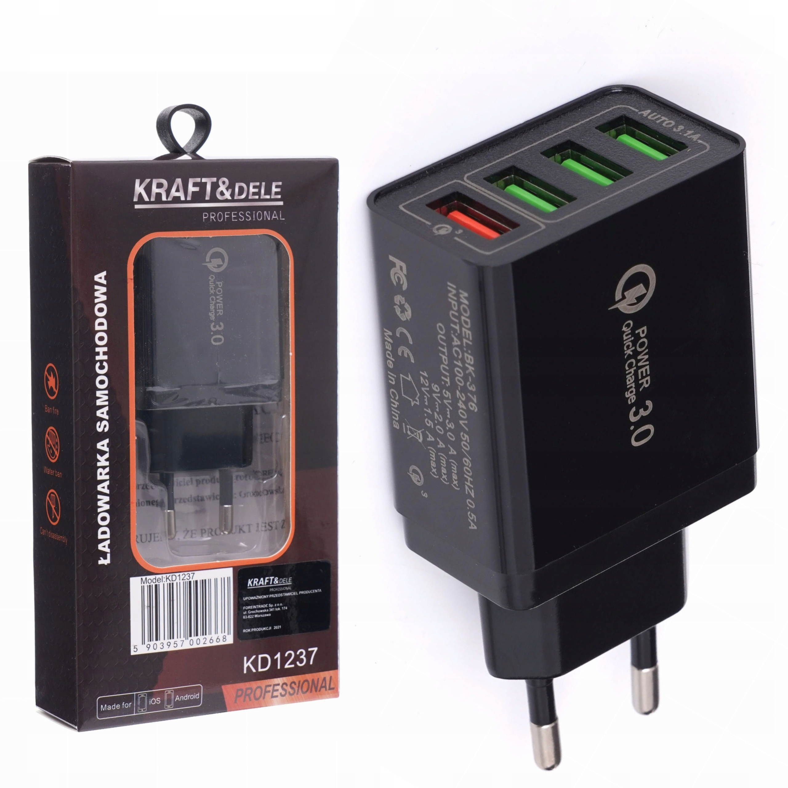 ŁADOWARKA SIECIOWA 4 PORTY QUICK CHARGE 3.0 + 3x USB 3.1A KRAFT&DELE KD1237