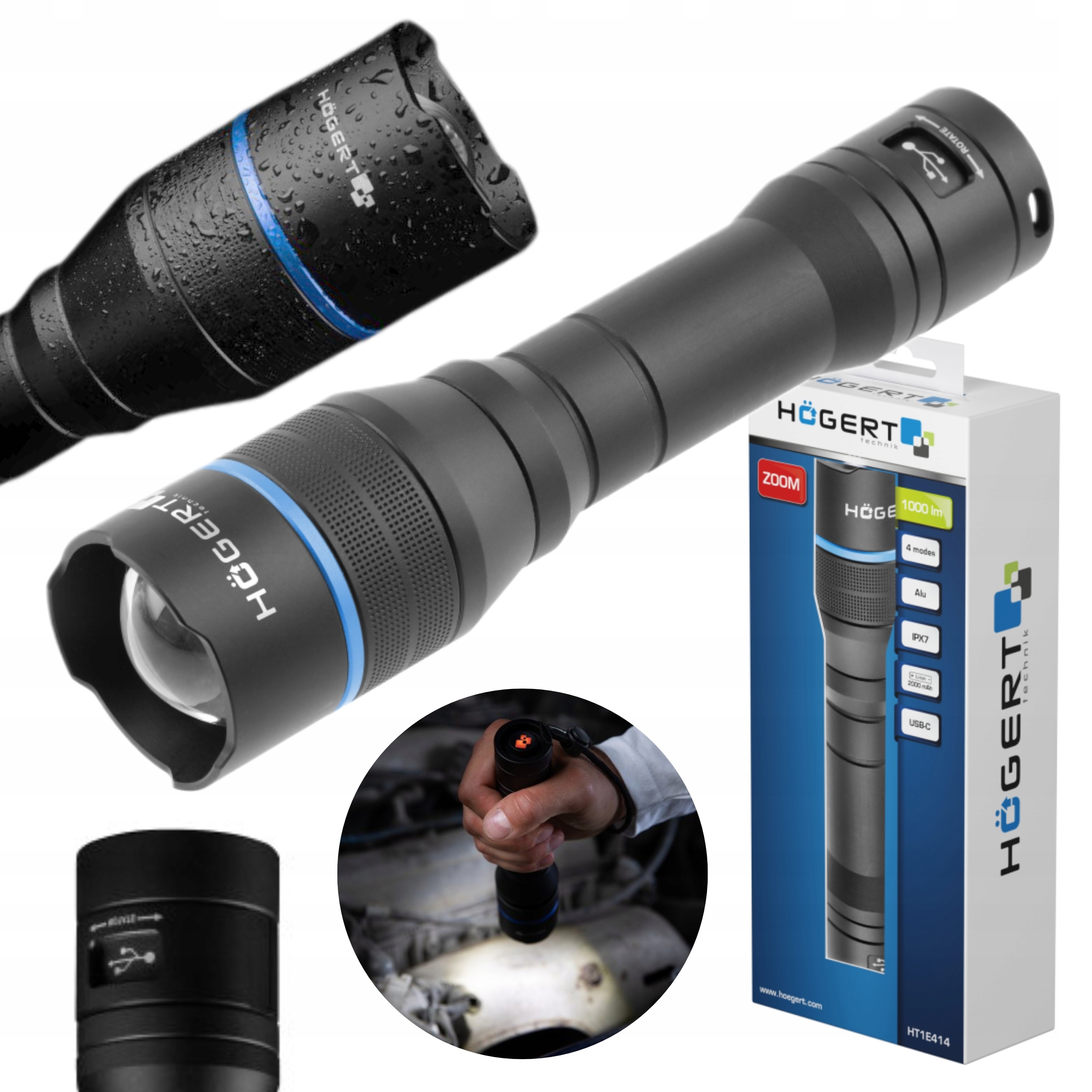 HOEGERT LATARKA 1000 LM LED IPX7 2000mAh IPX7 USB-C FUNKCJA ZOOM HT1E414