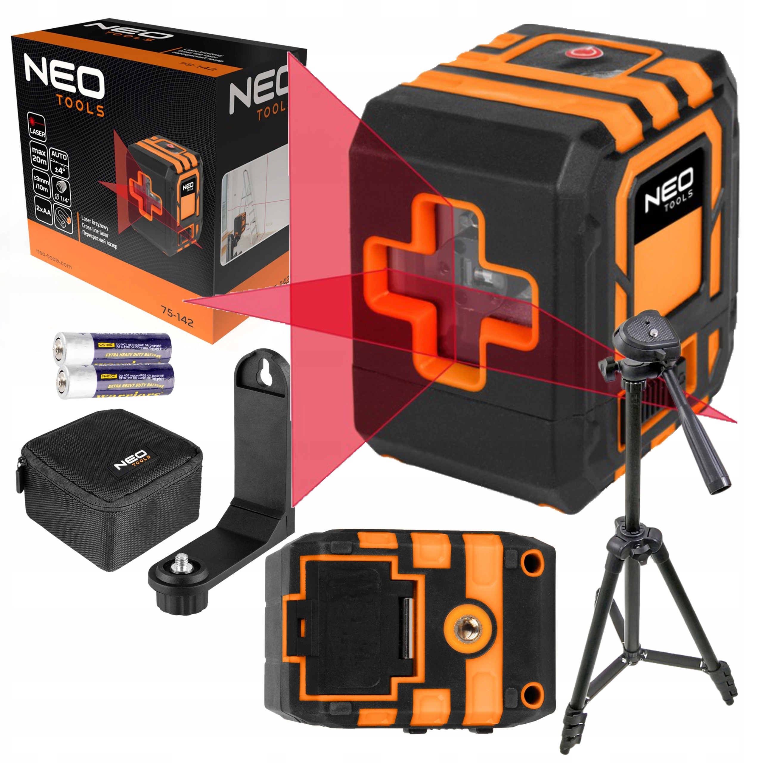 NEO TOOLS LASER KRZYŻOWY POZIOMNICA 20M CZERWONY + ETUI + STATYW 1,5M 1/4"