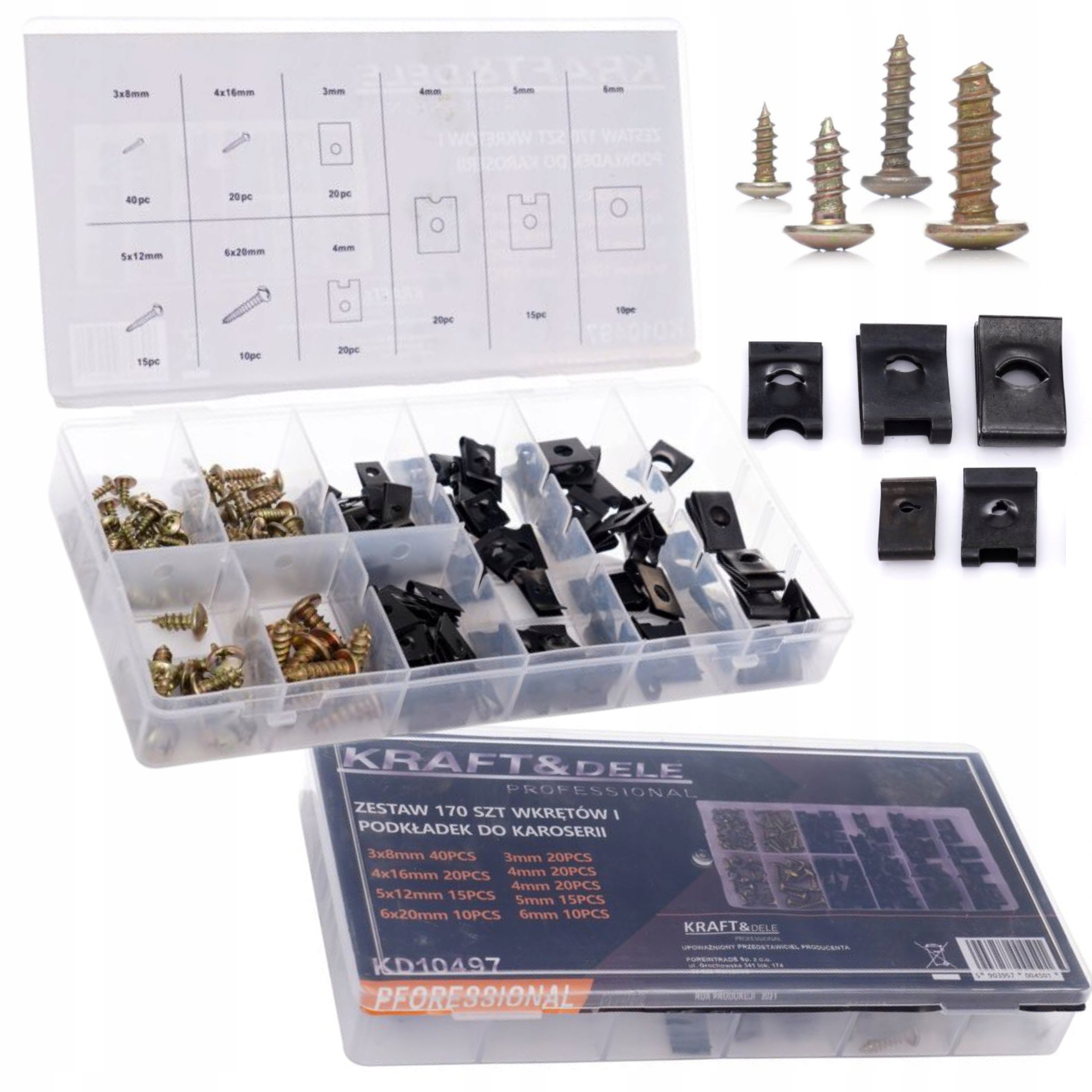 ZESTAW WKRĘTÓW I PODKŁADEK DO KAROSERII 170SZT ORGANIZER SPINKI UCHWYTY