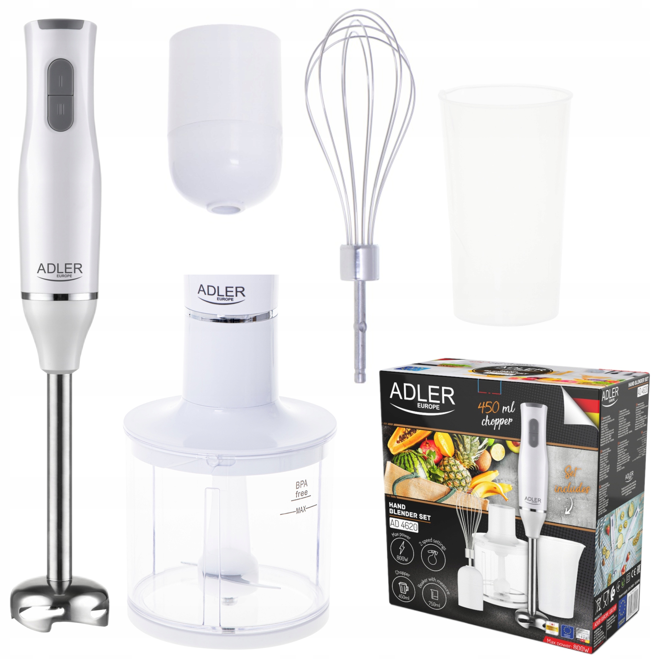 ADLER BLENDER RĘCZNY 800W ZESTAW POJEMNIK ROZDRABNIACZ NASADKA AD 4620