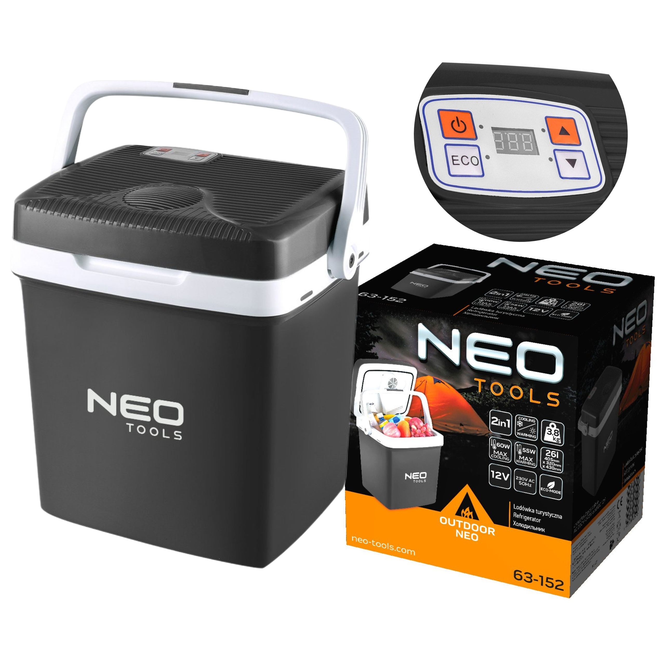 NEO LODÓWKA PODRÓŻNA TURYSTYCZNA SAMOCHODOWA USB LCD 26L 12/230V