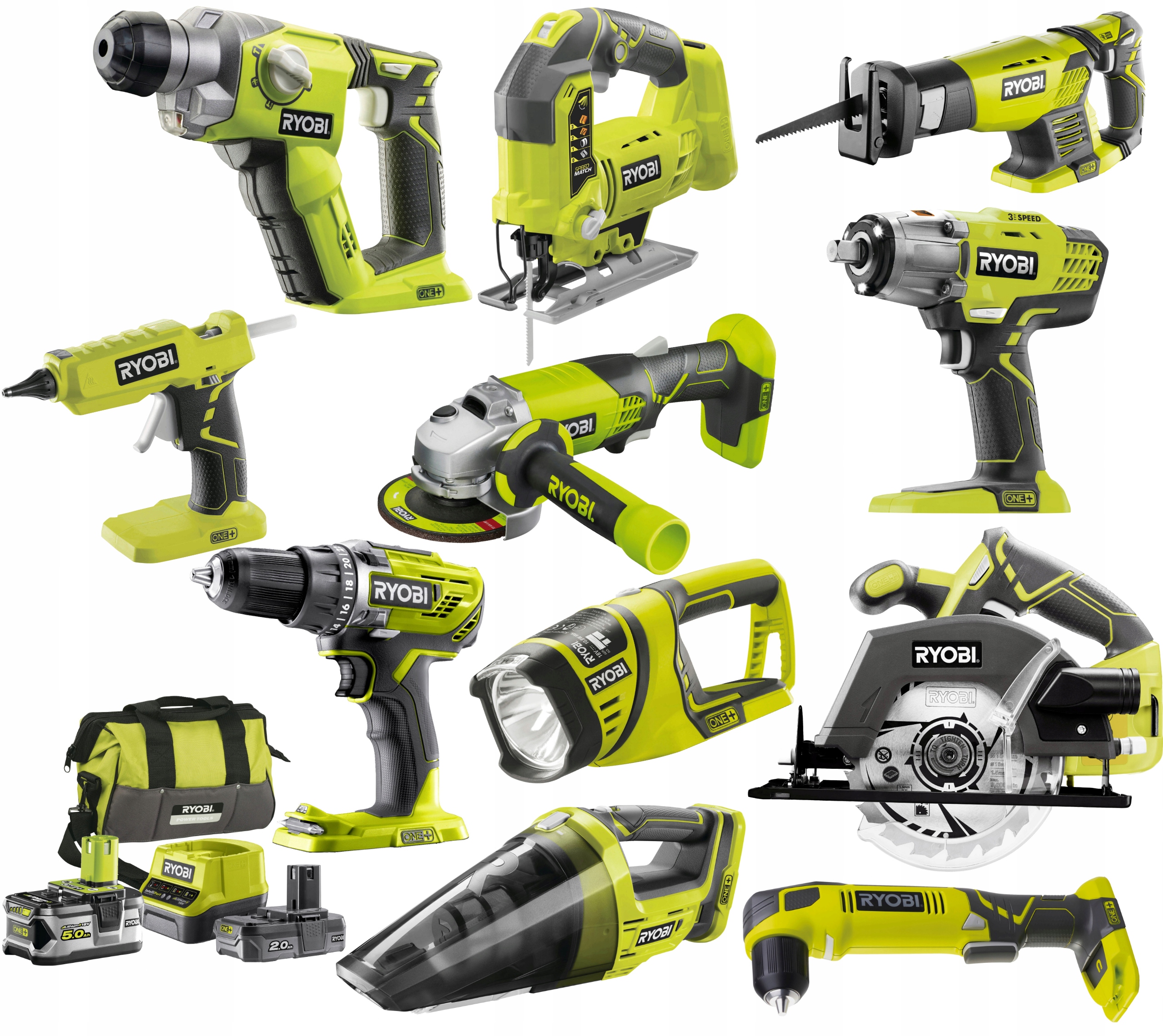 RYOBI ZESTAW 11 NARZĘDZI 18V COMBO +5Ah +2Ah TORBA