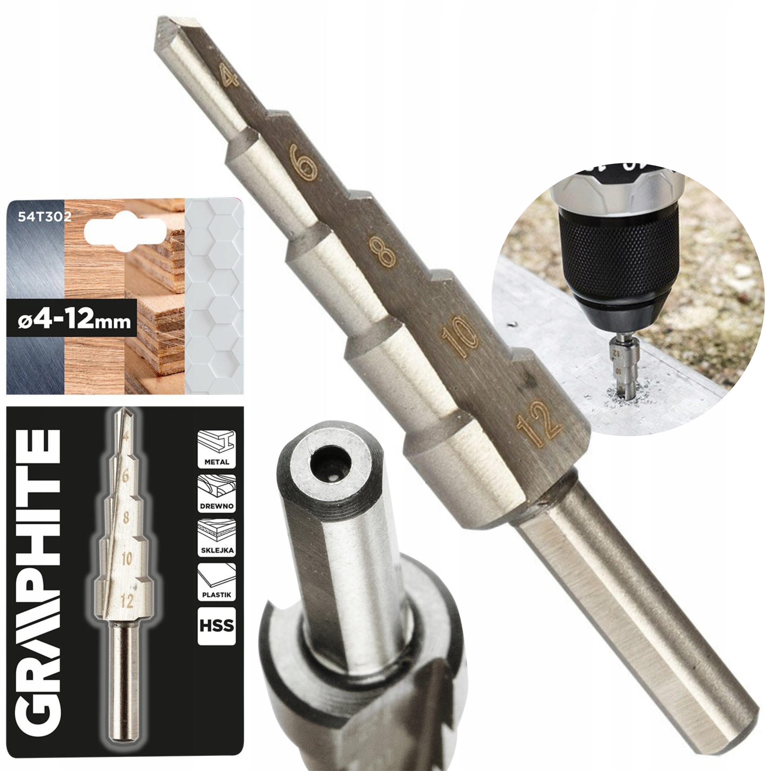GRAPHITE WIERTŁO STOPNIOWE STOŻKOWE CHOINKOWE 4-12MM DREWNA PLASTIKU 54T302