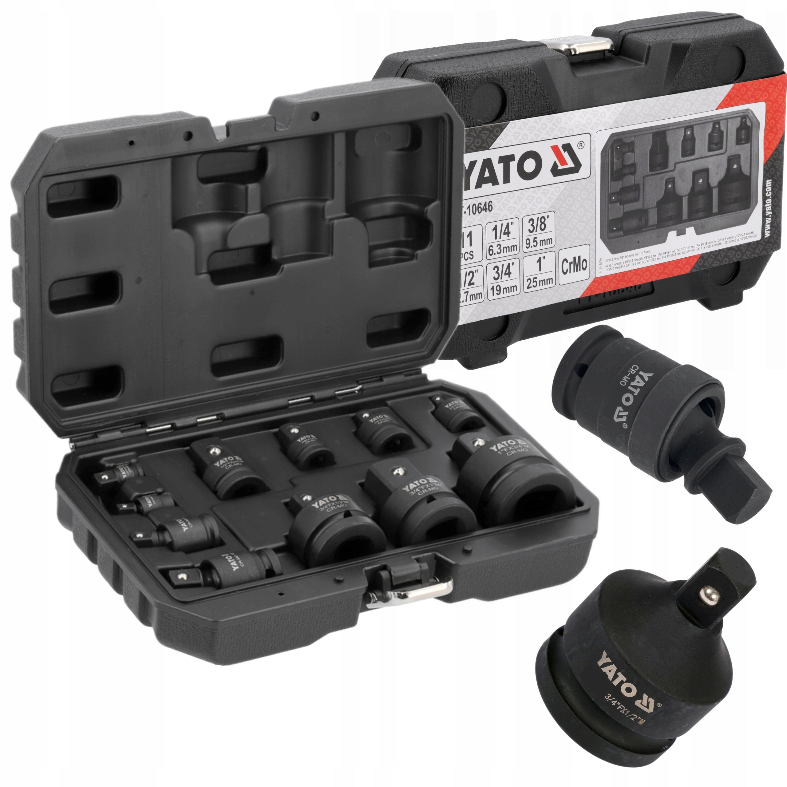 YATO ZESTAW 11EL. REDUKCJE I PRZEGUBY UDAROWE 1/4" 3/8" 1/2" CrMo YT-10646