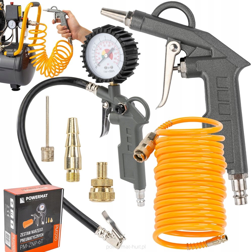 ZESTAW NARZĘDZI PNEUMATYCZNYCH DO KOMPRESORA SPRĘŻARKI WĄŻ AKCESORIA 6 EL.