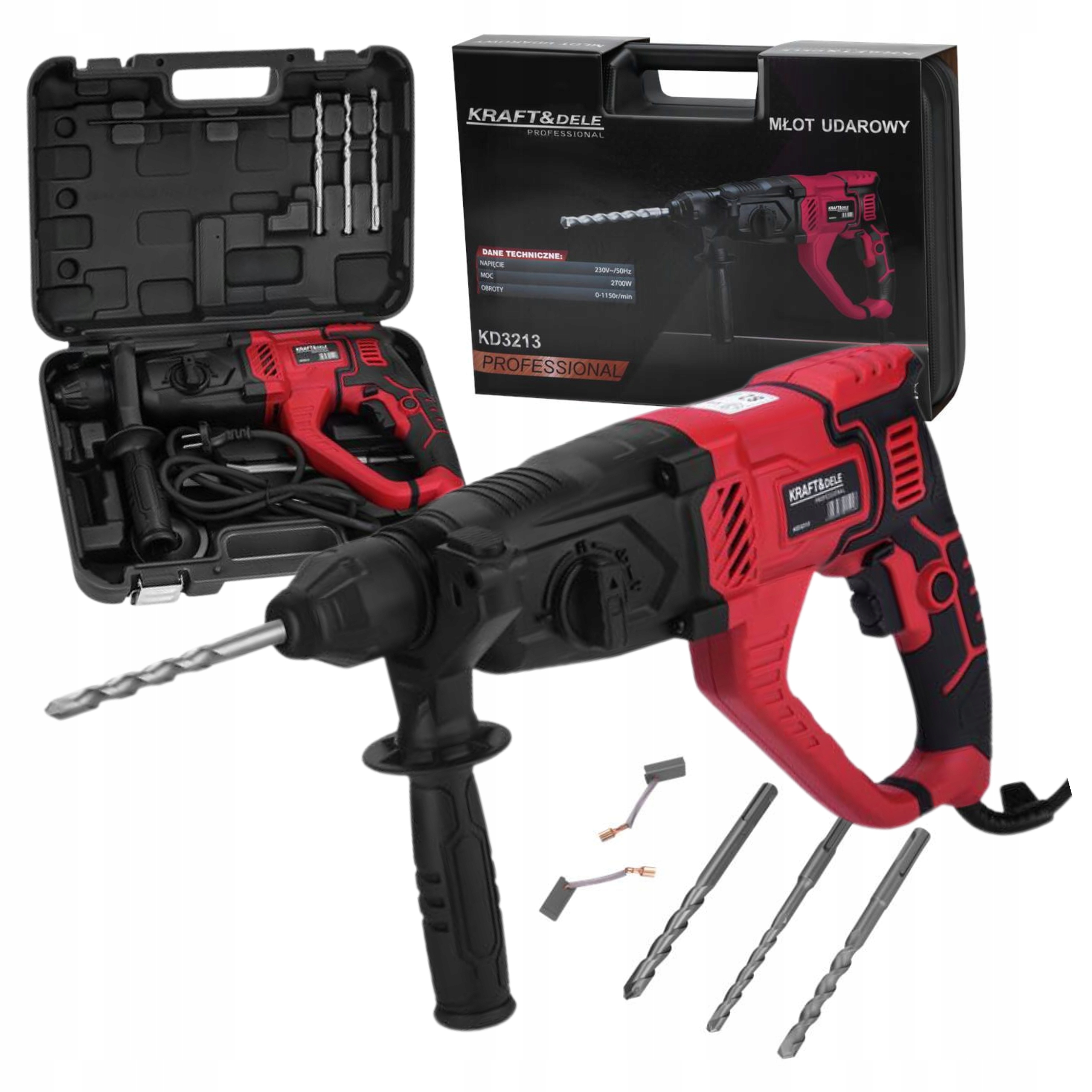 MŁOT UDAROWY 2600W 4J SDS-PLUS +3 WIERTŁA WALIZKA KRAFT&DELE KD3212
