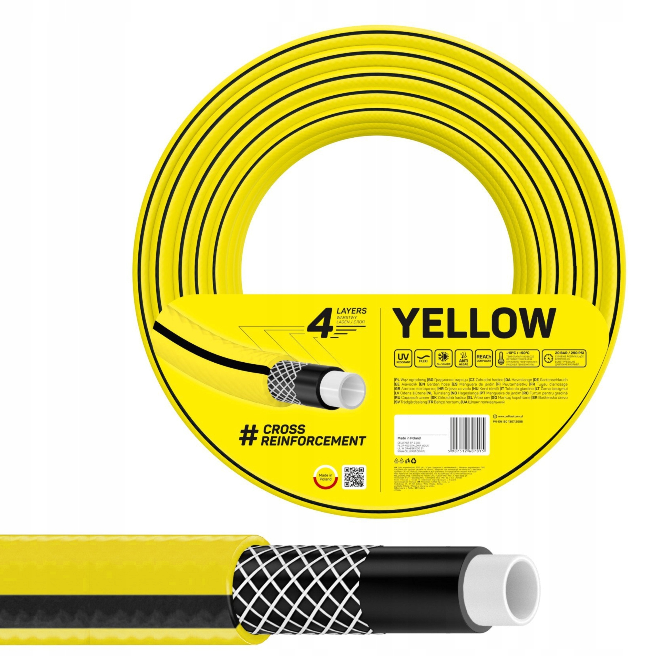 CELLFAST WĄŻ OGRODOWY YELLOW 4-WARSTWOWY 20 BAR 1/2'' 20M PRODUKT POLSKI