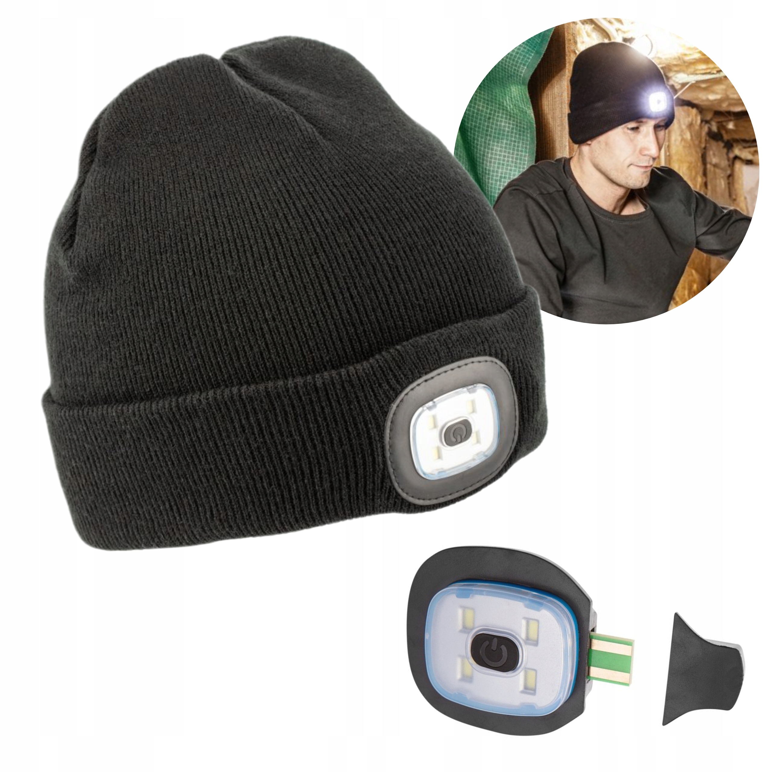 HOEGERT CZAPKA ROBOCZA ZIMOWA OCIEPLANA Z LATARKĄ CZOŁOWĄ LED USB HT5K486