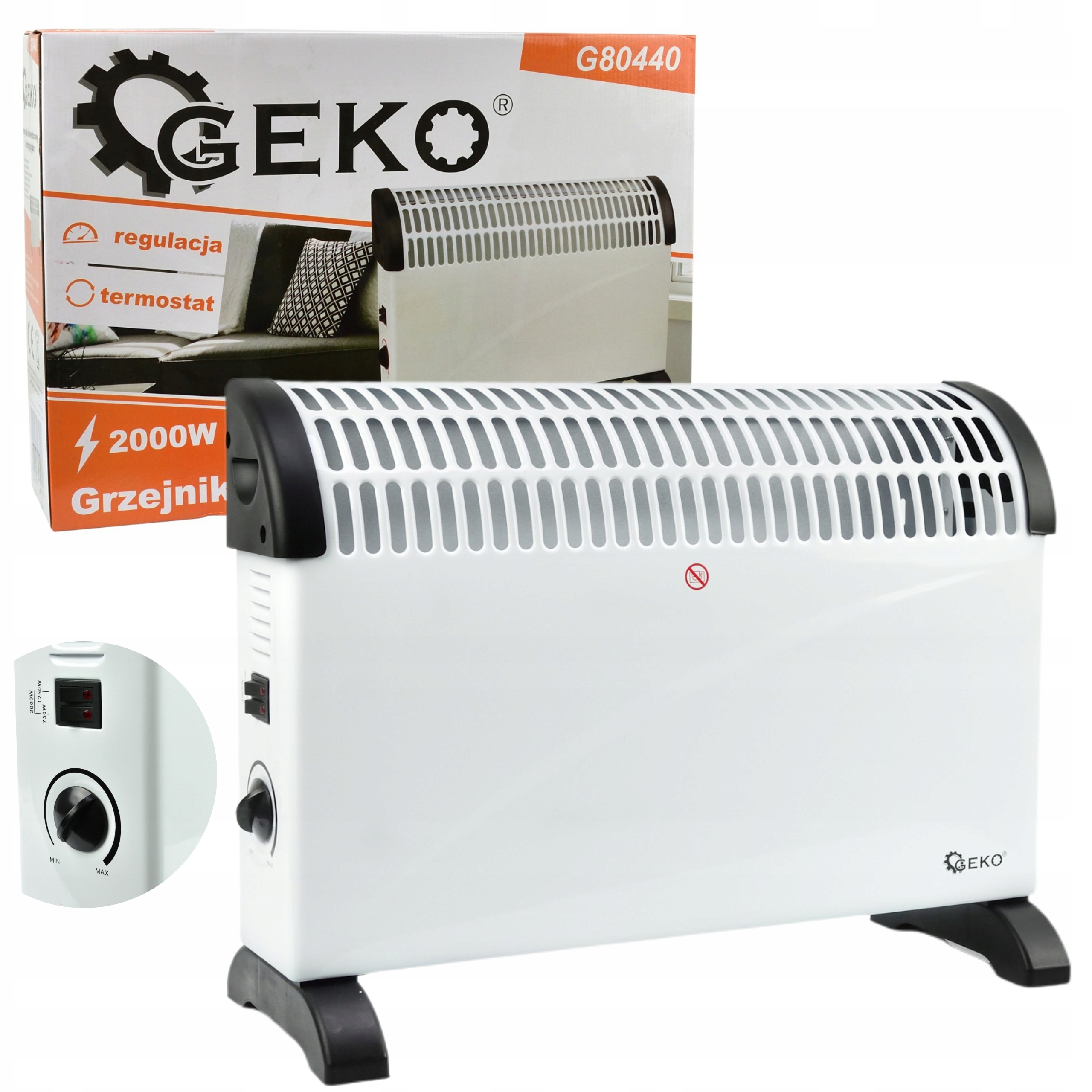 GRZEJNIK KONWEKTOROWY Z TERMOSTATEM 750/1250/2000W TERMOSTAT 2000W BIAŁY