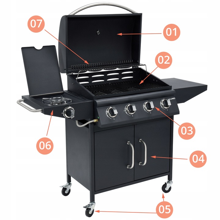 GRILL GAZOWY OGRODOWY 4+1 LUND 16KW PALNIK BOCZNY PORCELANOWY RUSZT 99643