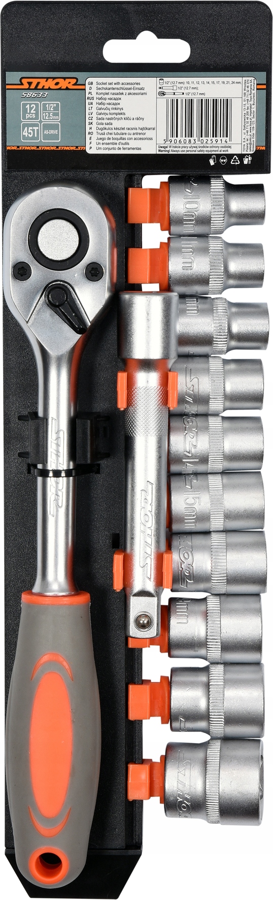 STHOR ZESTAW GRZECHOTKA 1/2 45T PRZEDŁUŻKA NASADKI 10 SZTUK CLIP 58633