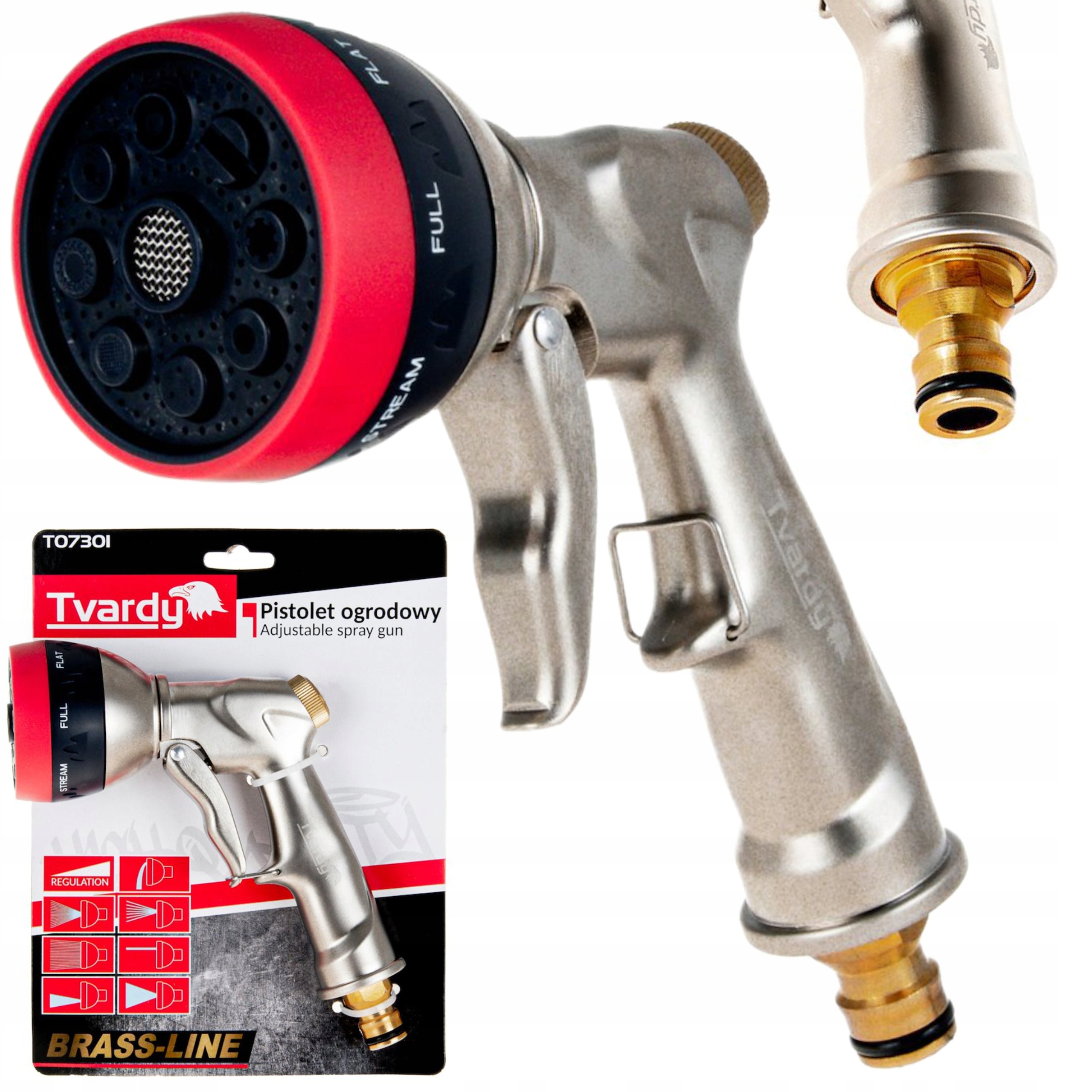 PISTOLET OGRODOWY 8-FUNKCJI Z MOSIĘŻNYM PRZYŁĄCZEM BRASS-LINE TVARDY T07301