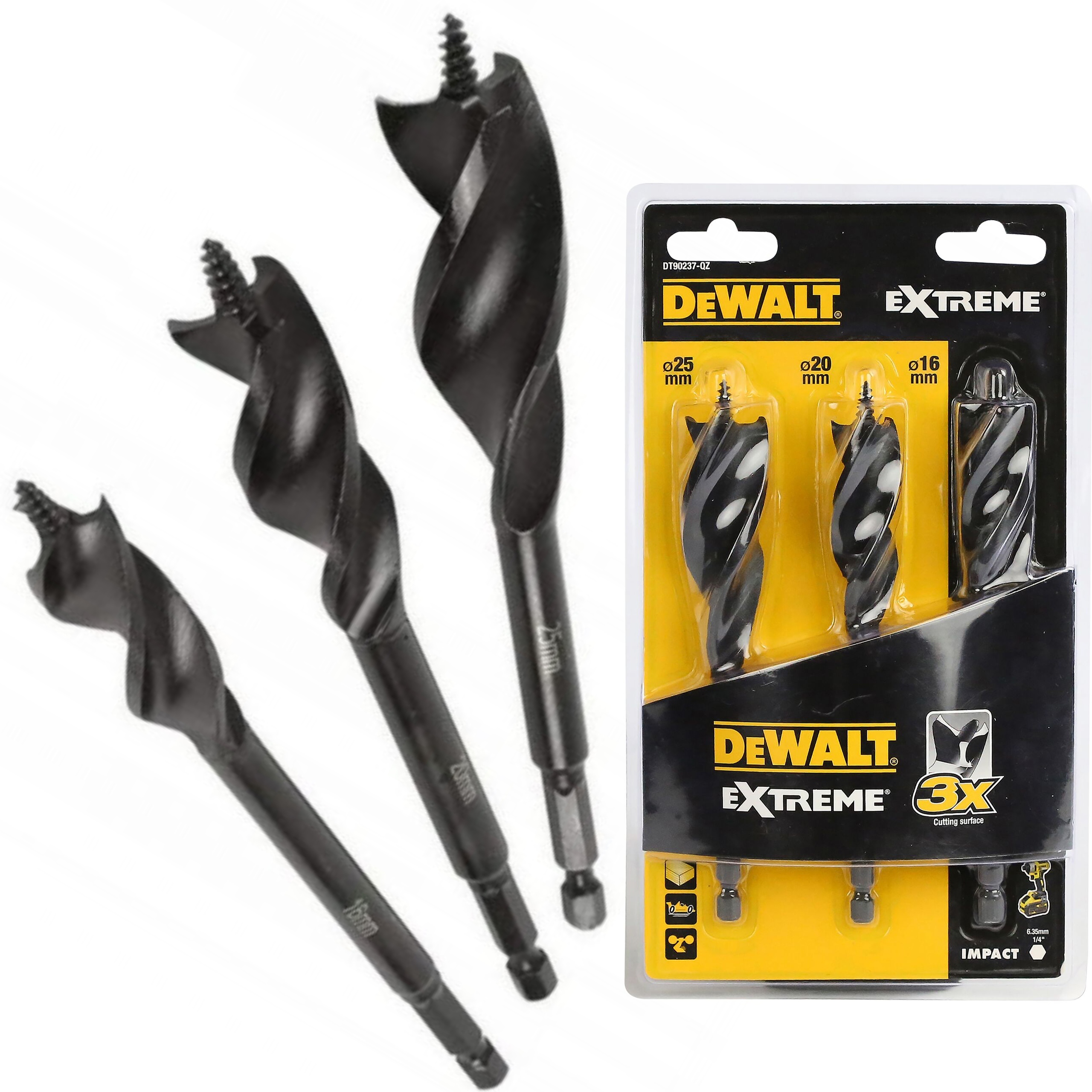 DeWALT ZESTAW 3szt WIERTŁA SPIRALNE SAMOWIERCĄCE EXTREME DO DREWNA DT90237