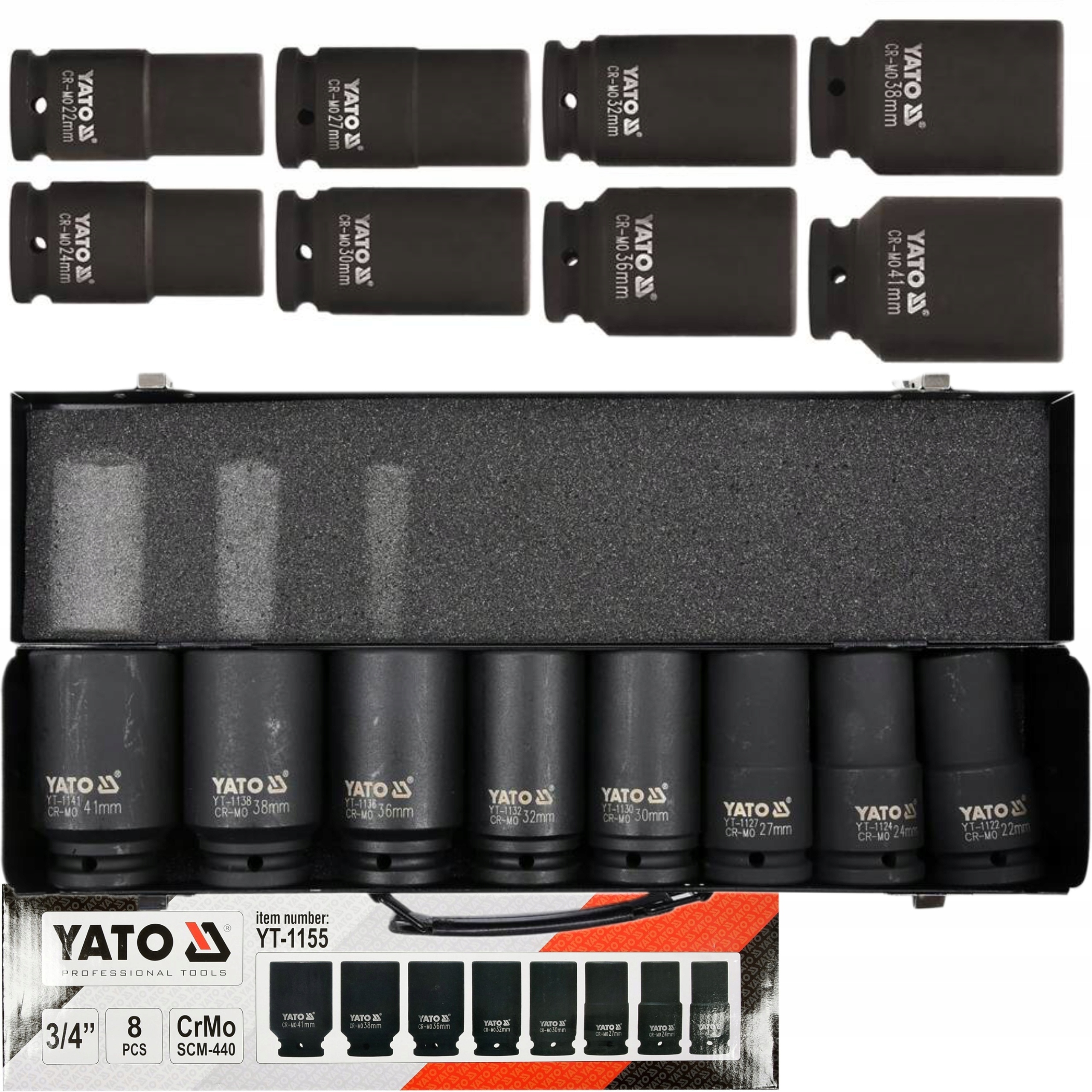 YATO ZESTAW NASADKI UDAROWE DŁUGIE 3/4'' 8 SZT. 22-41mm WALIZKA YT-1155
