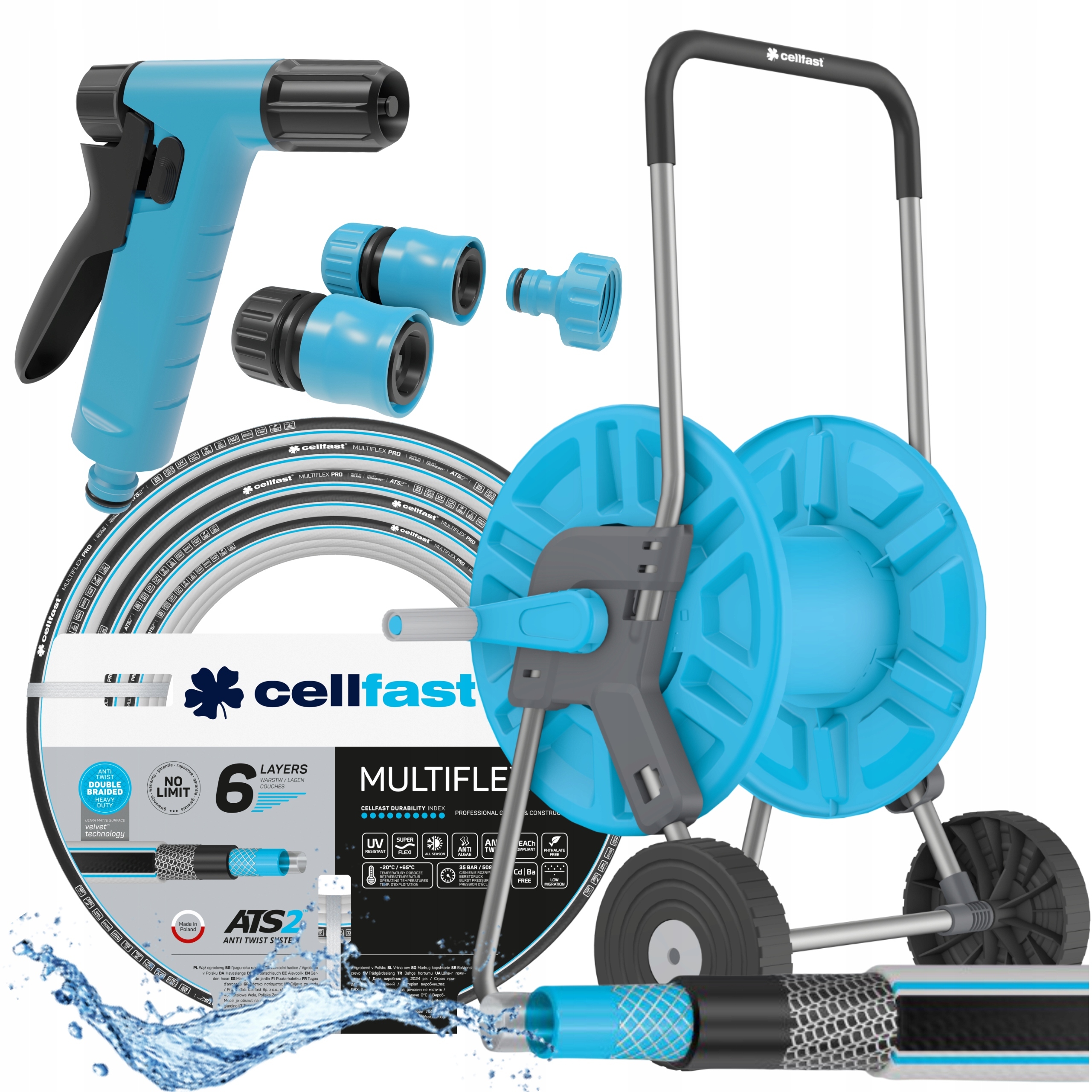 ZESTAW MULTIFLEX PRO WÓZEK +WĄŻ OGRODOWY 6-WAR 3/4" 20M +ZRASZACZ 3xZŁĄCZKA