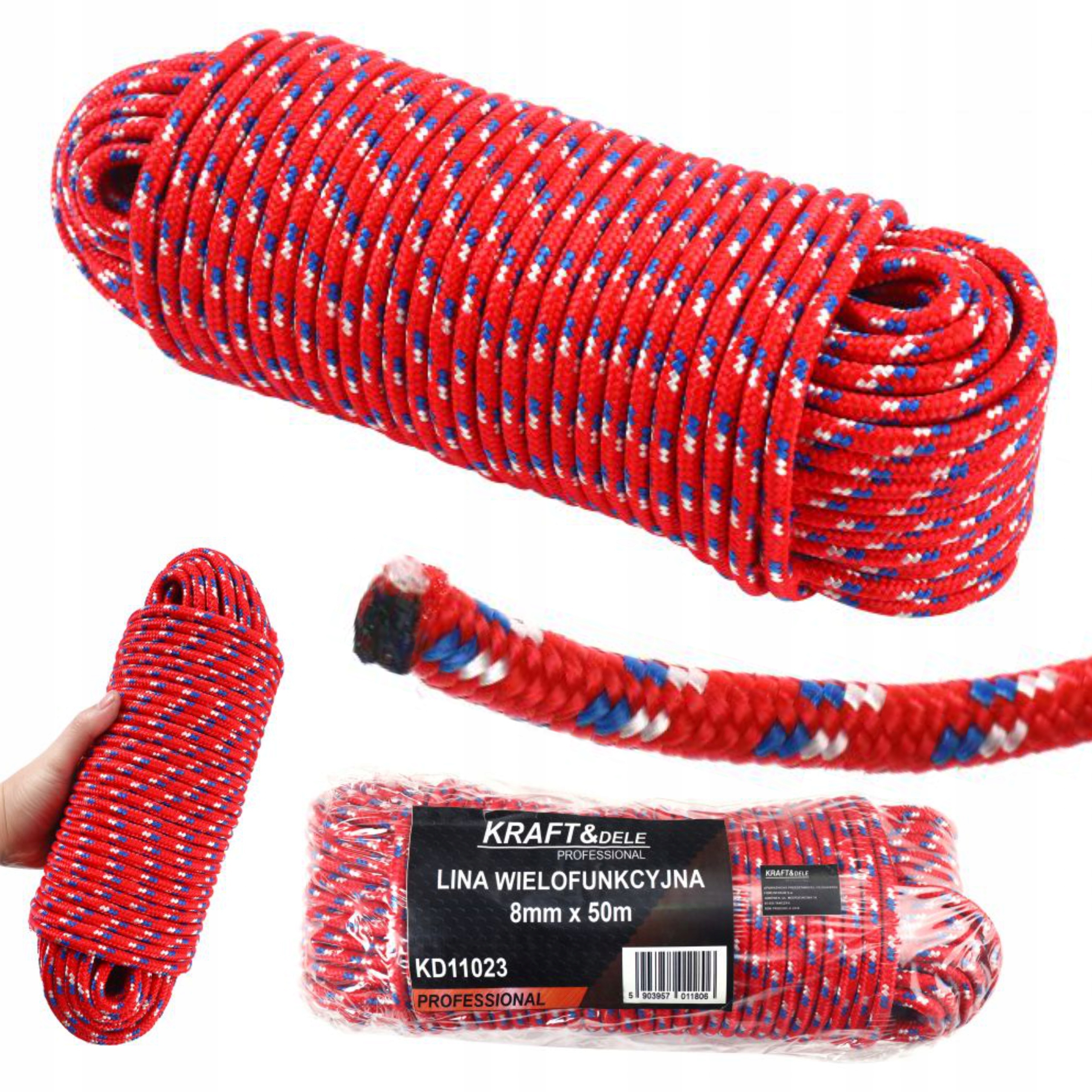KRAFT&DELE LINA WIELOFUNKCYJNA 8MM x 50M CZERWONA POLIPROPYLEN KD11023
