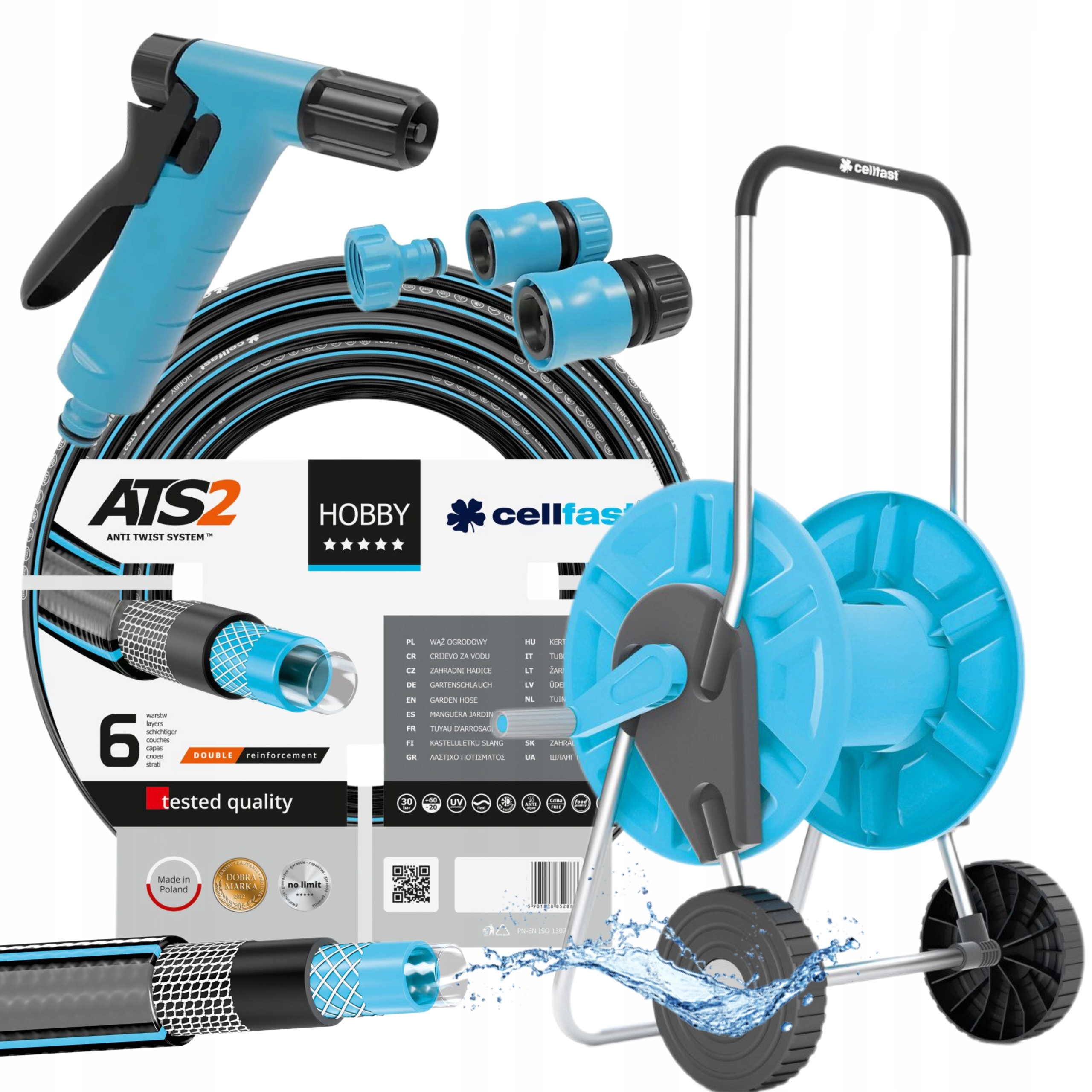 ZESTAW PREMIUM WÓZEK + WĄŻ OGRODOWY ZBROJONY 1/2" 50M + ZRASZACZ +3xZŁĄCZKA
