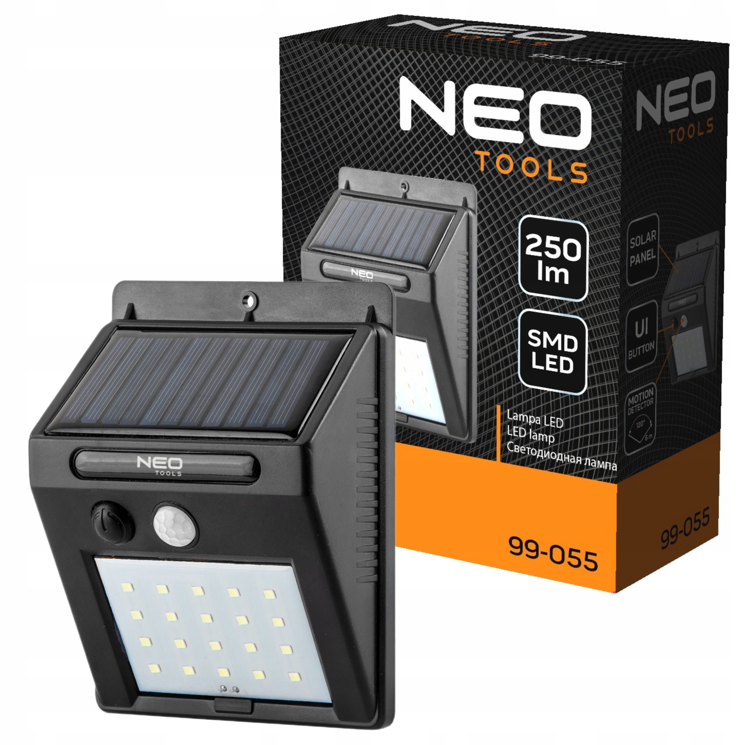 NEO LAMPA SOLARNA WISZĄCA ŚCIENNA 20SMD LED 250LM Z CZUJNIKIEM RUCHU 99-055