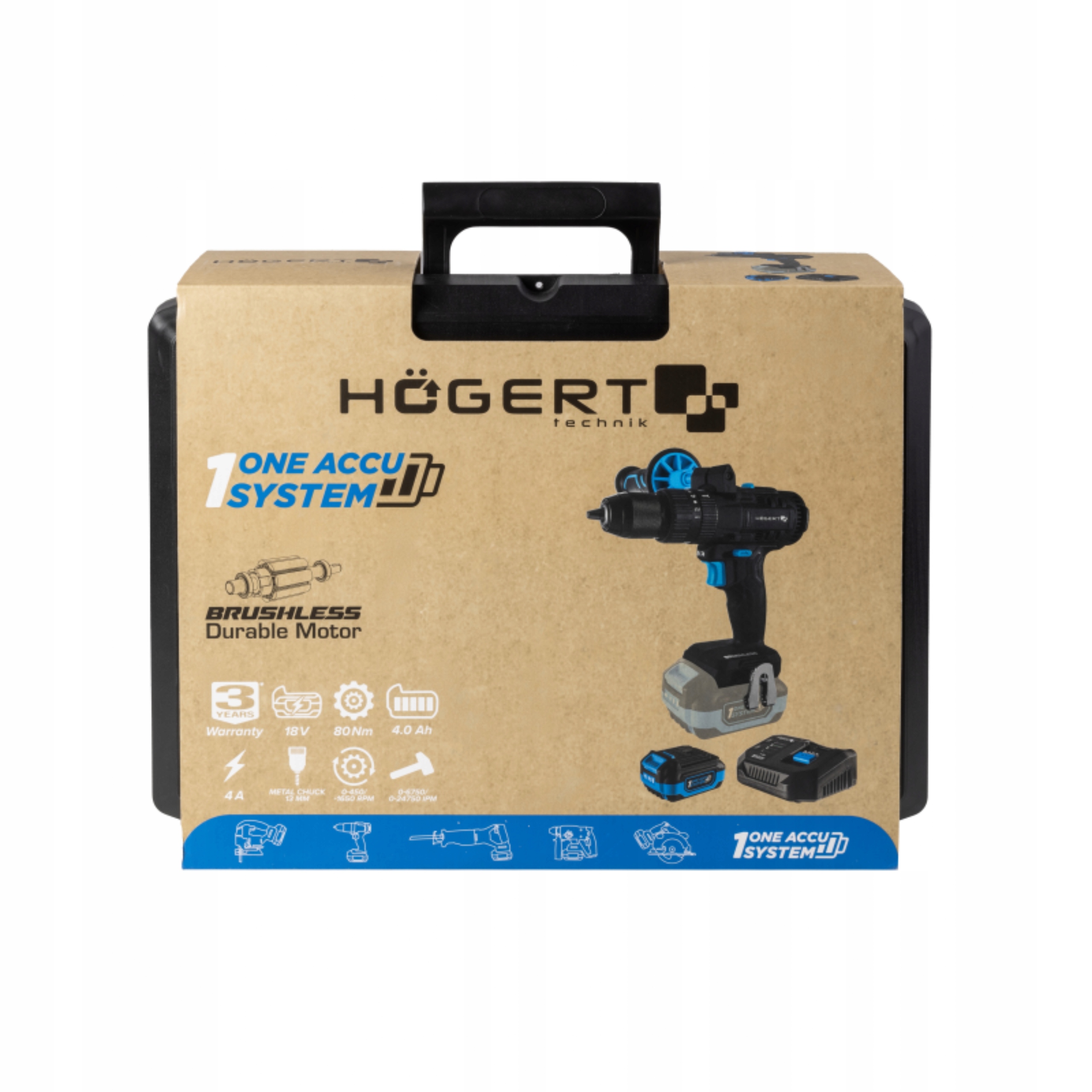 HOEGERT ZESTAW WIERTARKO WKRĘTARKA UDAROWA 80NM 4Ah AKUMULATOR 18V WALIZKA