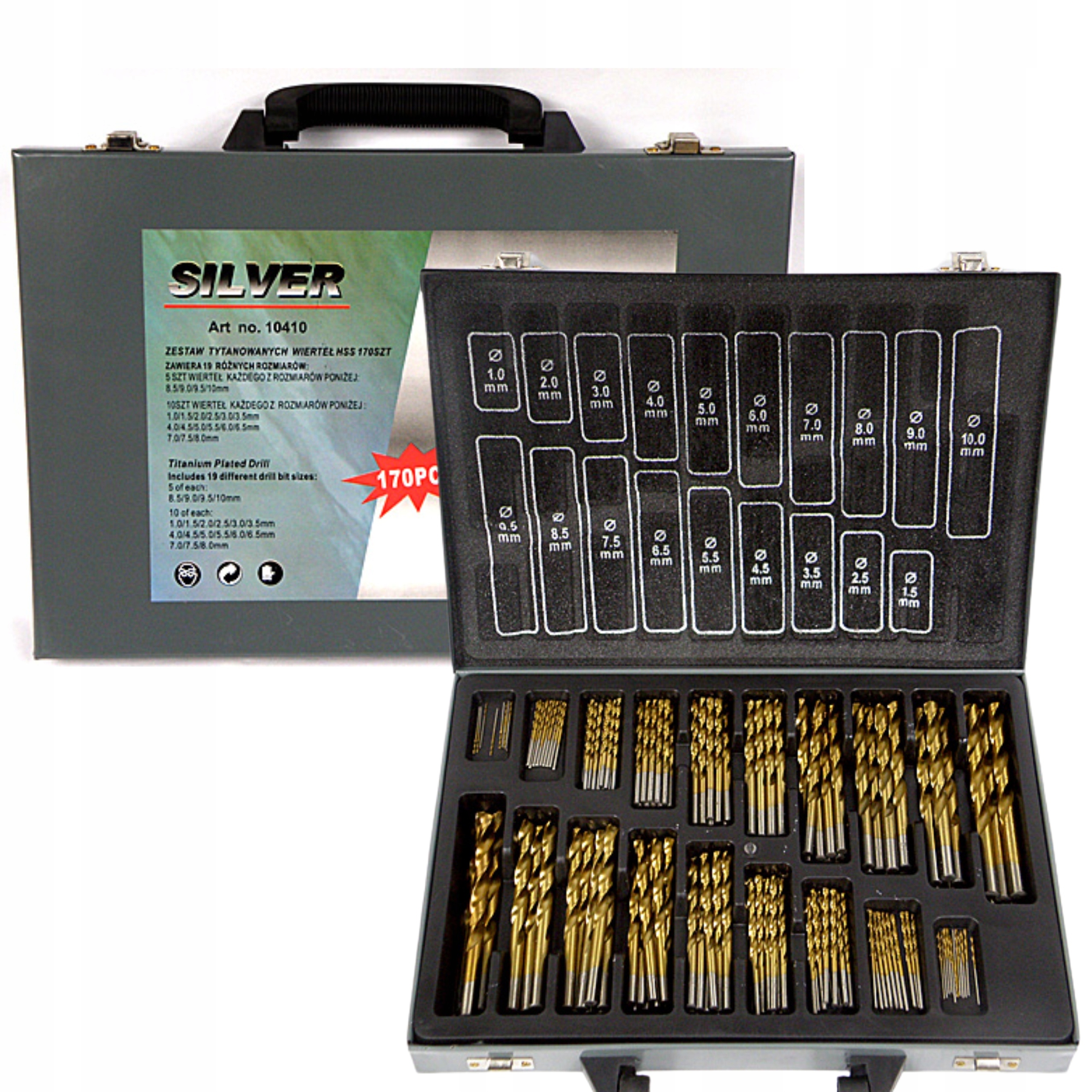ZESTAW WIERTŁA DO METALU TYTANOWANE 170SZT 1-10mm WALIZKA S10410 TYTANOWE