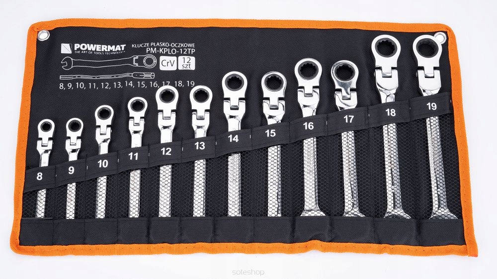 KLUCZE PŁASKO OCZKOWE Z GRZECHOTKĄ ŁAMANE 8-19mm 12 SZTUK+PŁACHTA KPLO-12TP