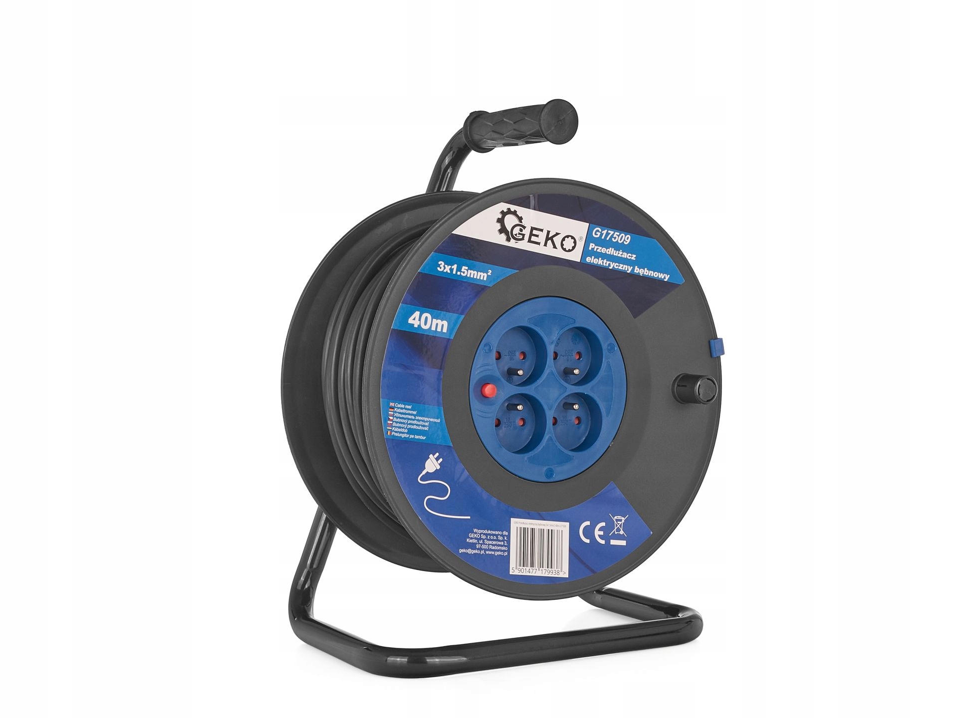 GEKO PRZEDŁUŻACZ ELEKTRYCZNY BĘBNOWY 3x1.5mm2 40M 4 GNIAZDA CZARNY G17509