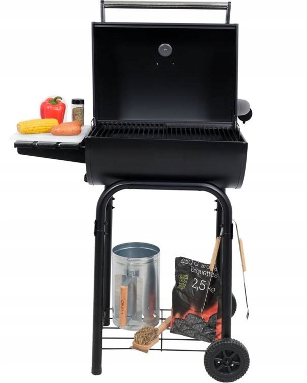 GRILL WĘGLOWY OGRODOWY Z POKRYWĄ RUSZT WĘGLOWY 47x34CM 2 PÓŁKI NA KÓŁKACH