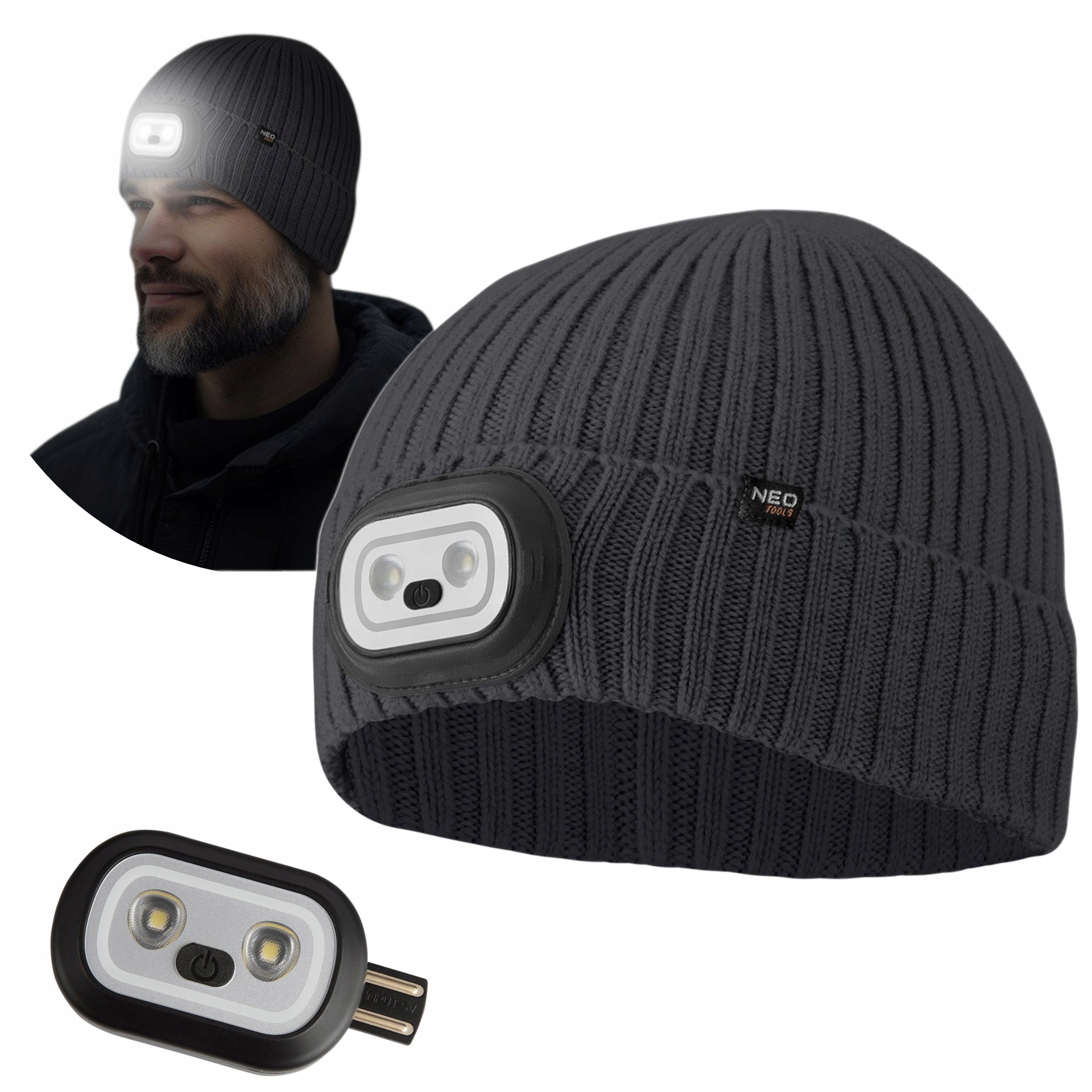 NEO CZAPKA ROBOCZA Z LATARKĄ LED RGB CZOŁÓWKA 4 TRYBY ZIMOWA GRAFIT 81-627