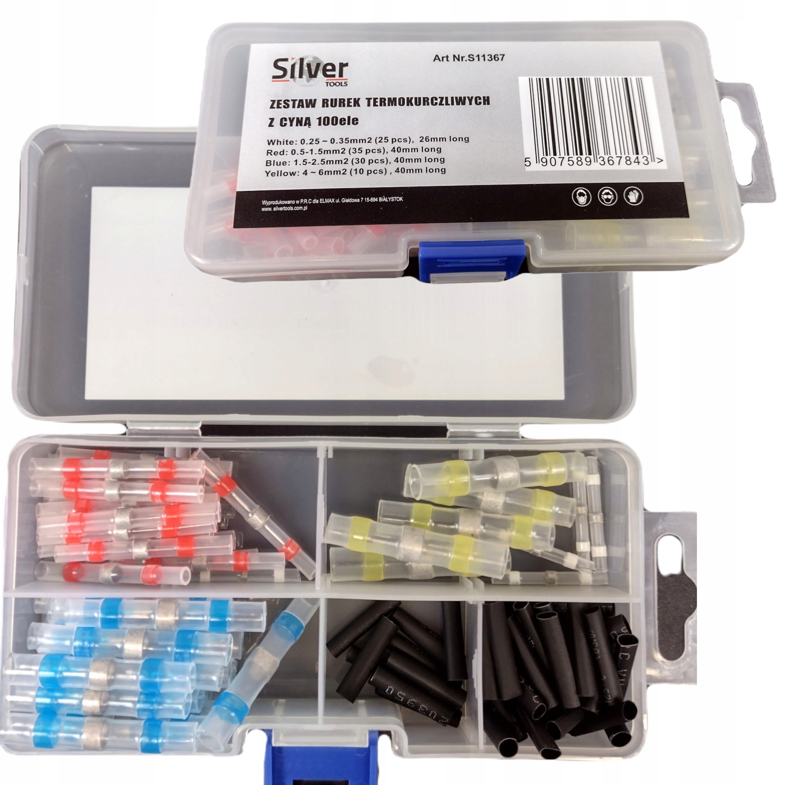 SILVER ZESTAW RURKI KOSZULKI TERMOKURCZLIWE 100SZT Z CYNĄ ORGANIZER S11368