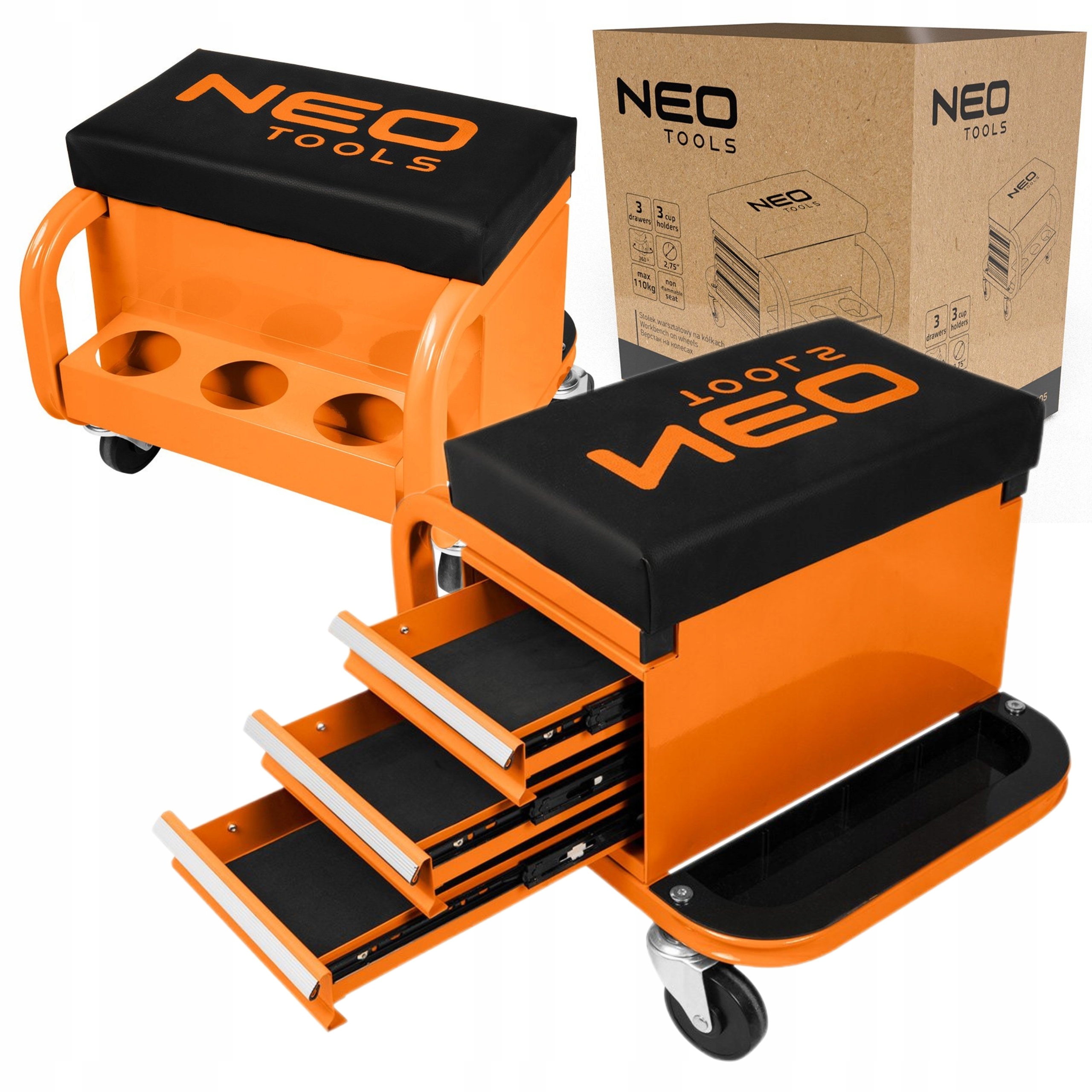 NEO TABORET WARSZTATOWY STOŁEK ROBOCZY KRZESŁO Z SZUFLADAMI KÓŁKA 11-605