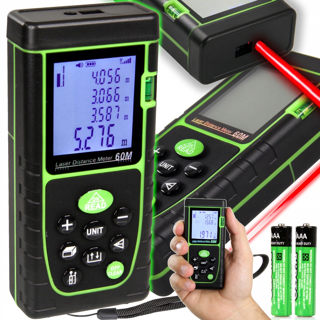 DALMIERZ LASEROWY MIERNIK ODLEGŁOŚCI CYFROWY 60M POZIOMICA WODOODPORNY LCD