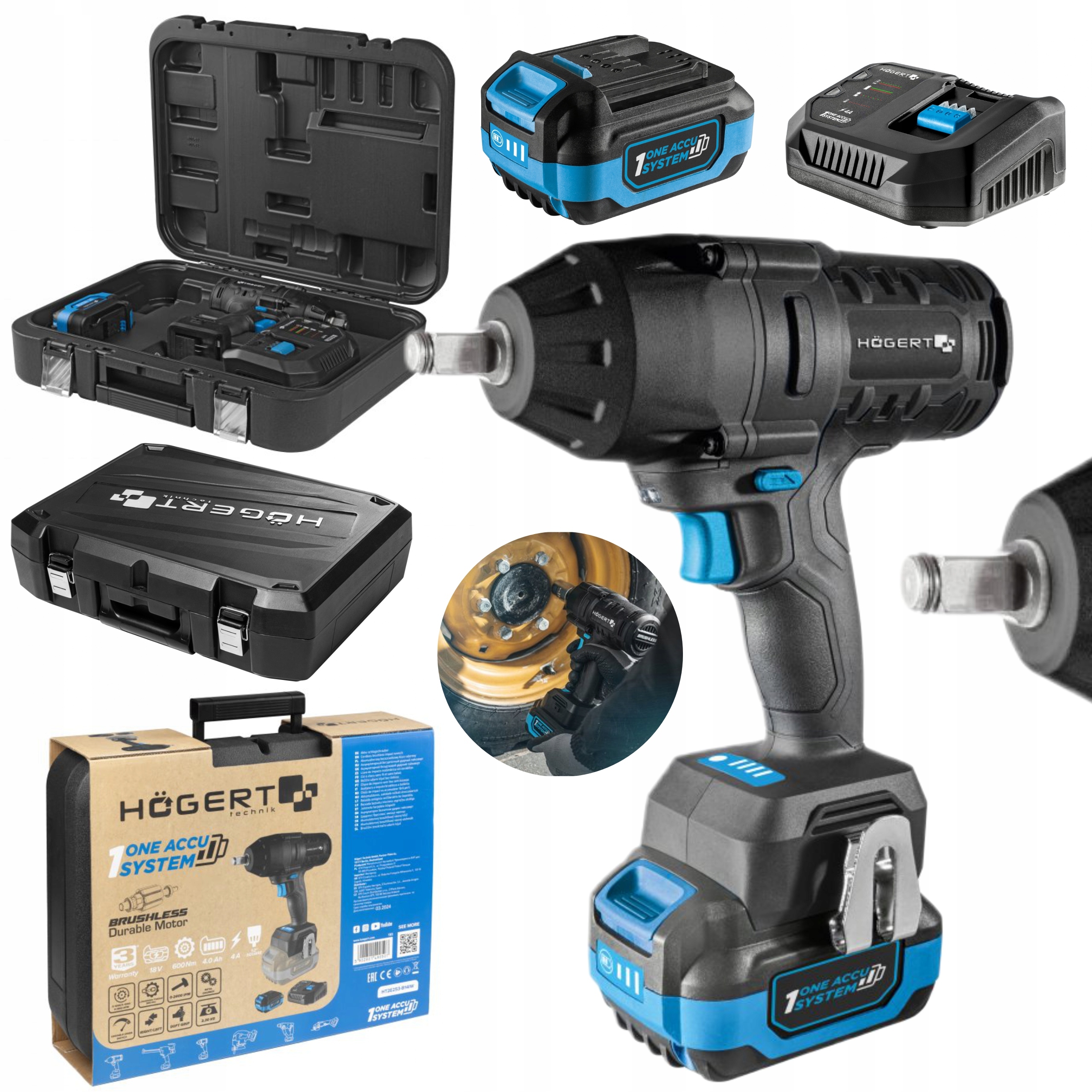HOEGERT ZESTAW KLUCZ UDAROWY 600Nm 1/2" +4Ah AKUMULATOR 18V WALIZKA HT2E253