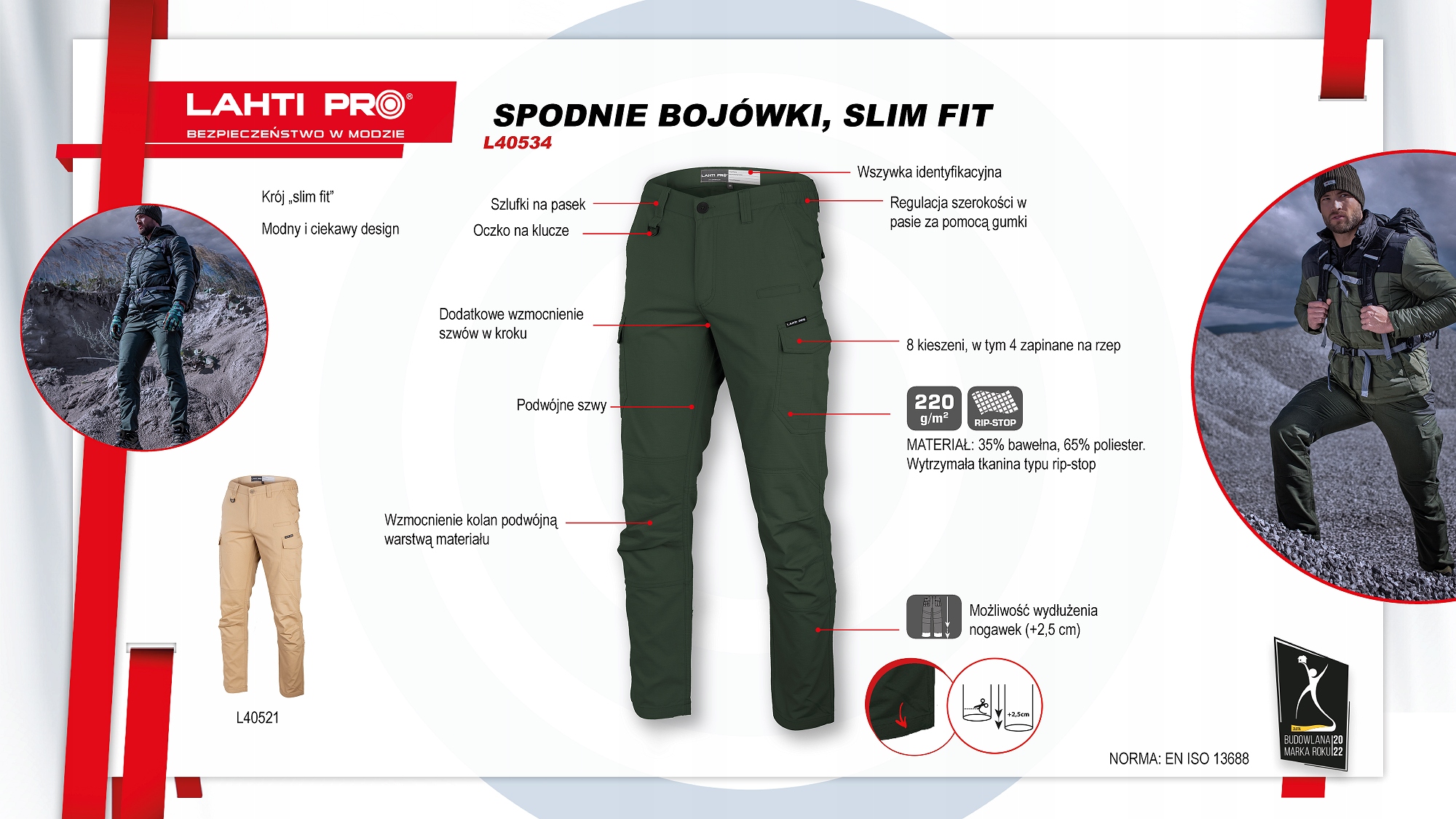 LAHTI PRO SPODNIE ROBOCZE BOJÓWKI ZIELONE SLIM FIT L40534 Rozmiar 3XL