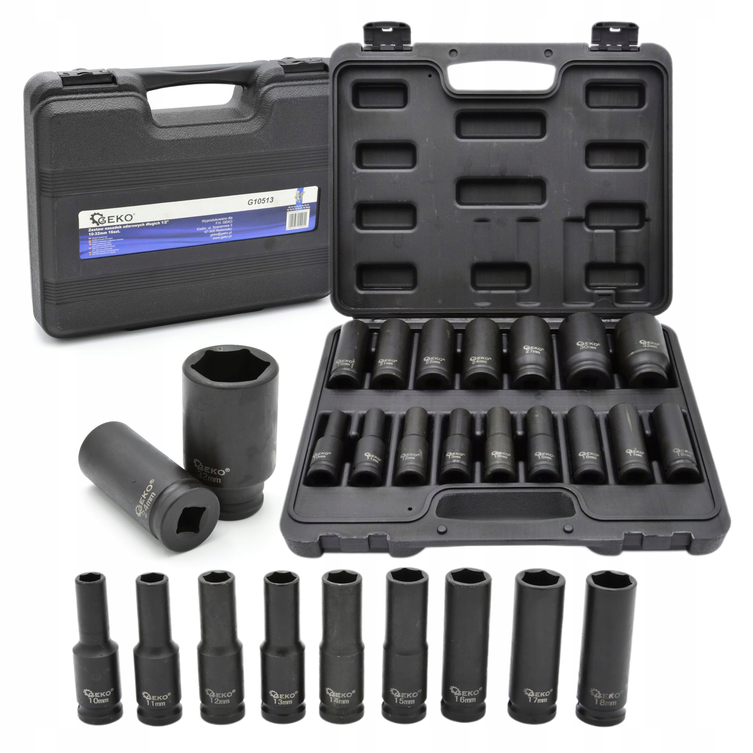 ZESTAW NASADEK UDAROWYCH DŁUGICH 1/2" 10-32MM 16SZT. WALIZKA GEKO G10513