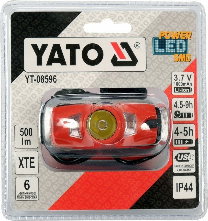 LATARKA LAMPKA CZOŁOWA Z REGULACJĄ 500LM IP44 3,7V 1000MAH YATO YT-08596
