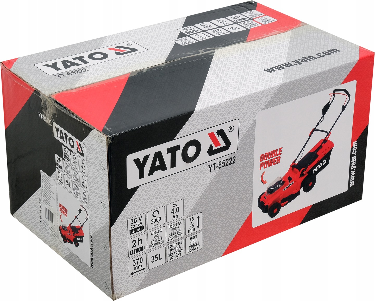 YATO KOSIARKA AKU. BEZSZCZOTKOWA DO TRAWY 2x18V 4A 37cm 35L REGULACJA 36V