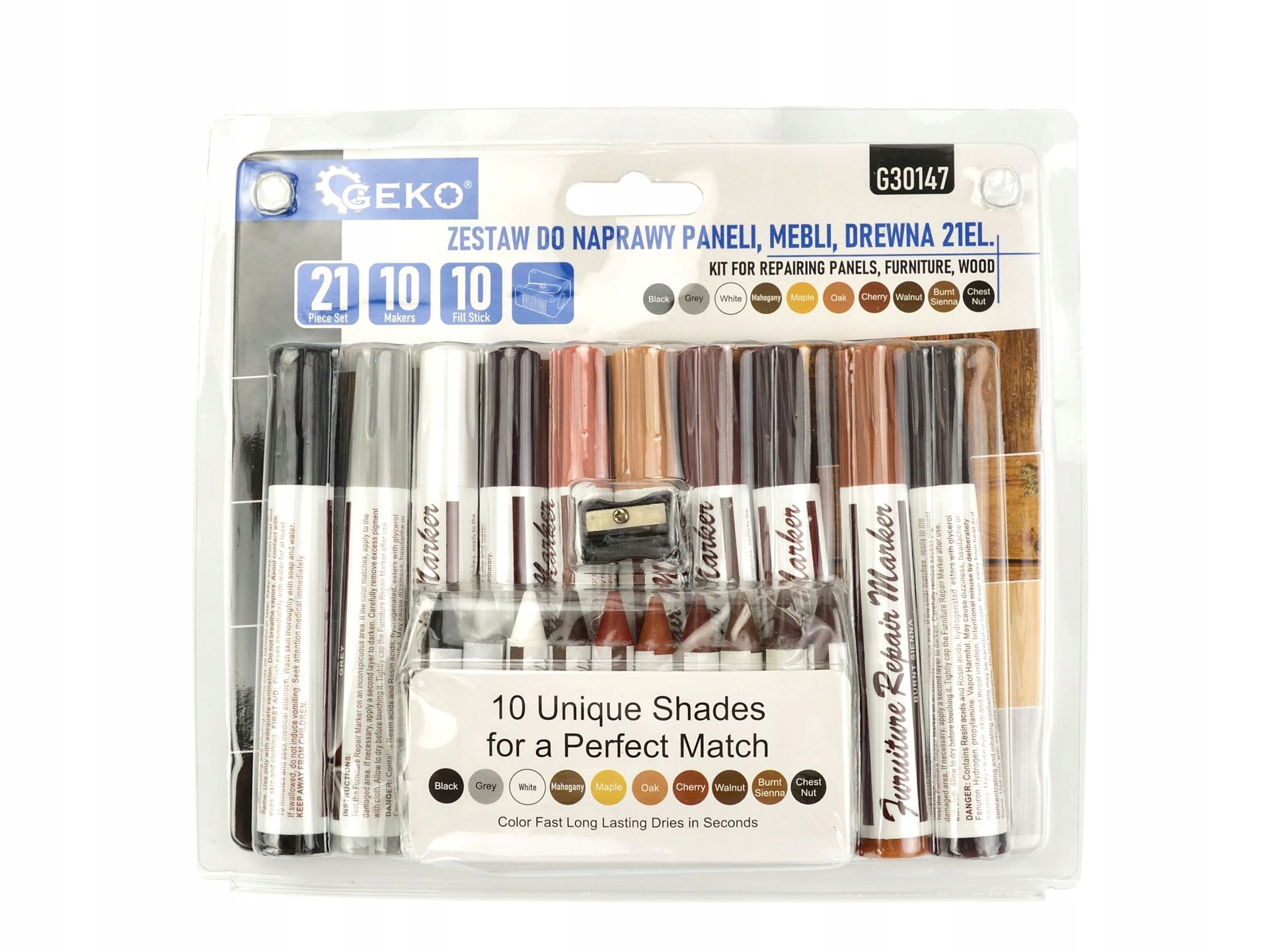 GEKO ZESTAW DO NAPRAWY PANELI, MEBLI, DREWNA, SKÓRY 21 ELEMENTÓW G30148