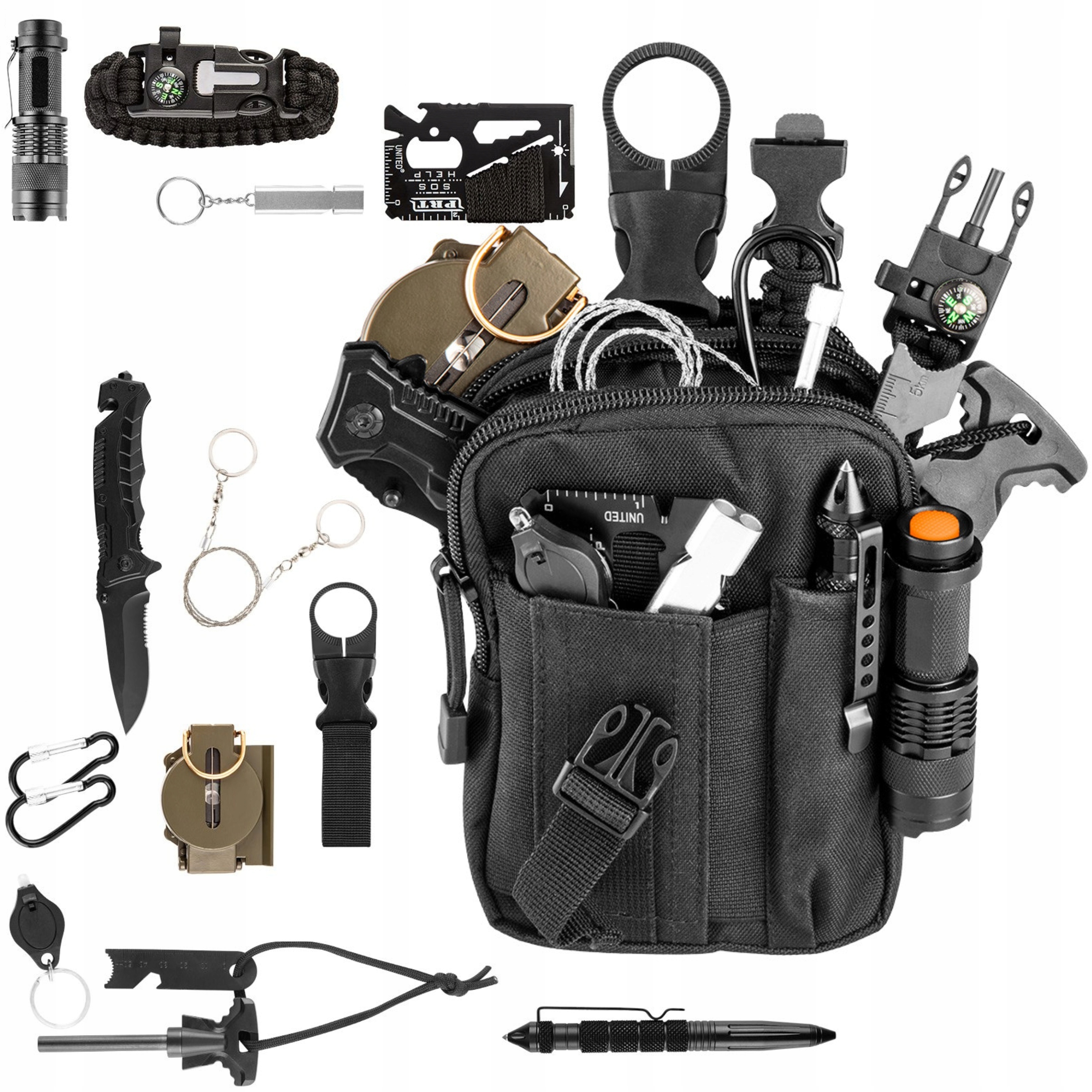 NEO TOOLS ZESTAW SURVIVALOWY 14w1 ETUI TORBA NÓŻ LATARKA KRZESIWO 63-153