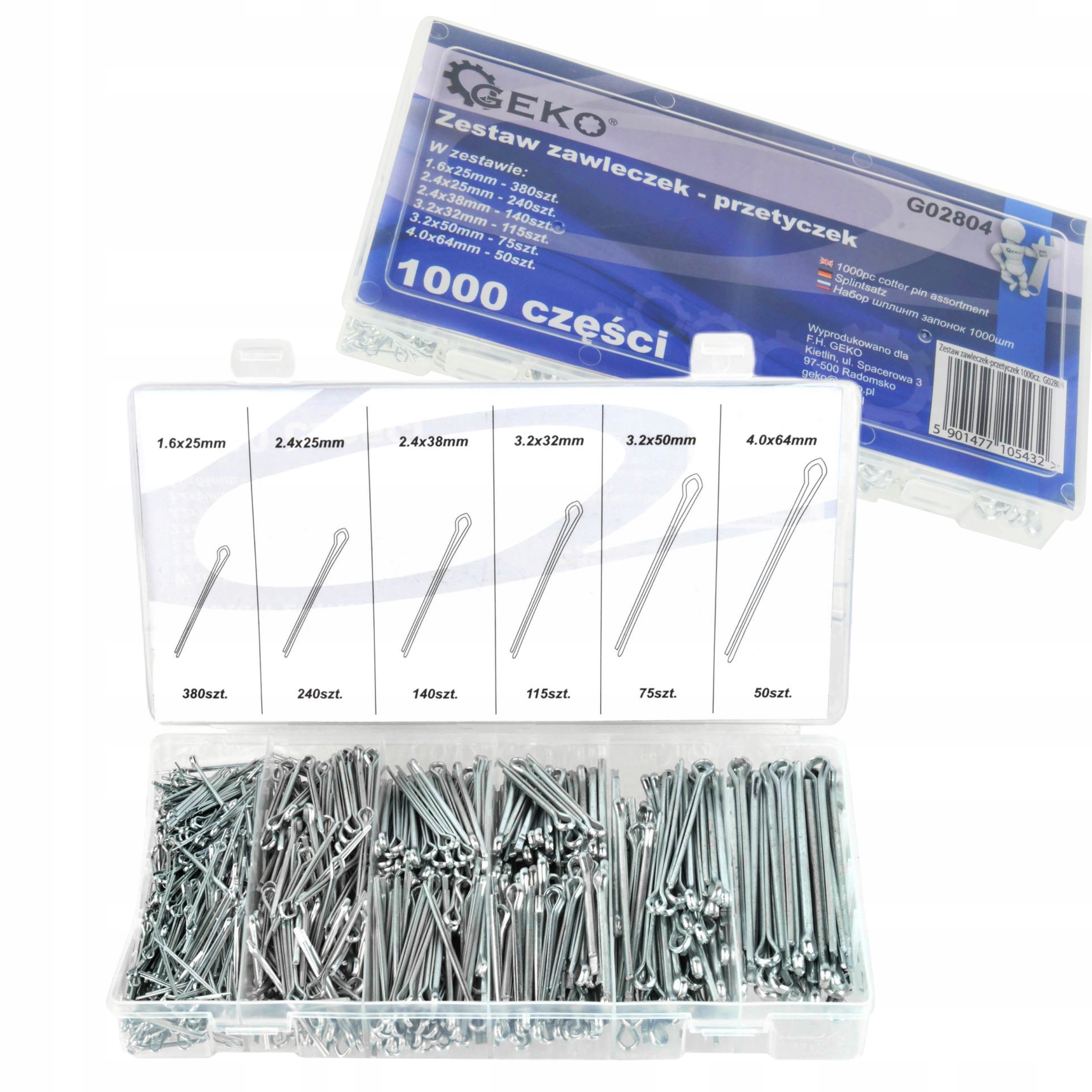 GEKO KOMPLET ZAWLECZEK PRZETYCZEK ROZGINANYCH 1000 SZTUK SORTOWNIK G02804